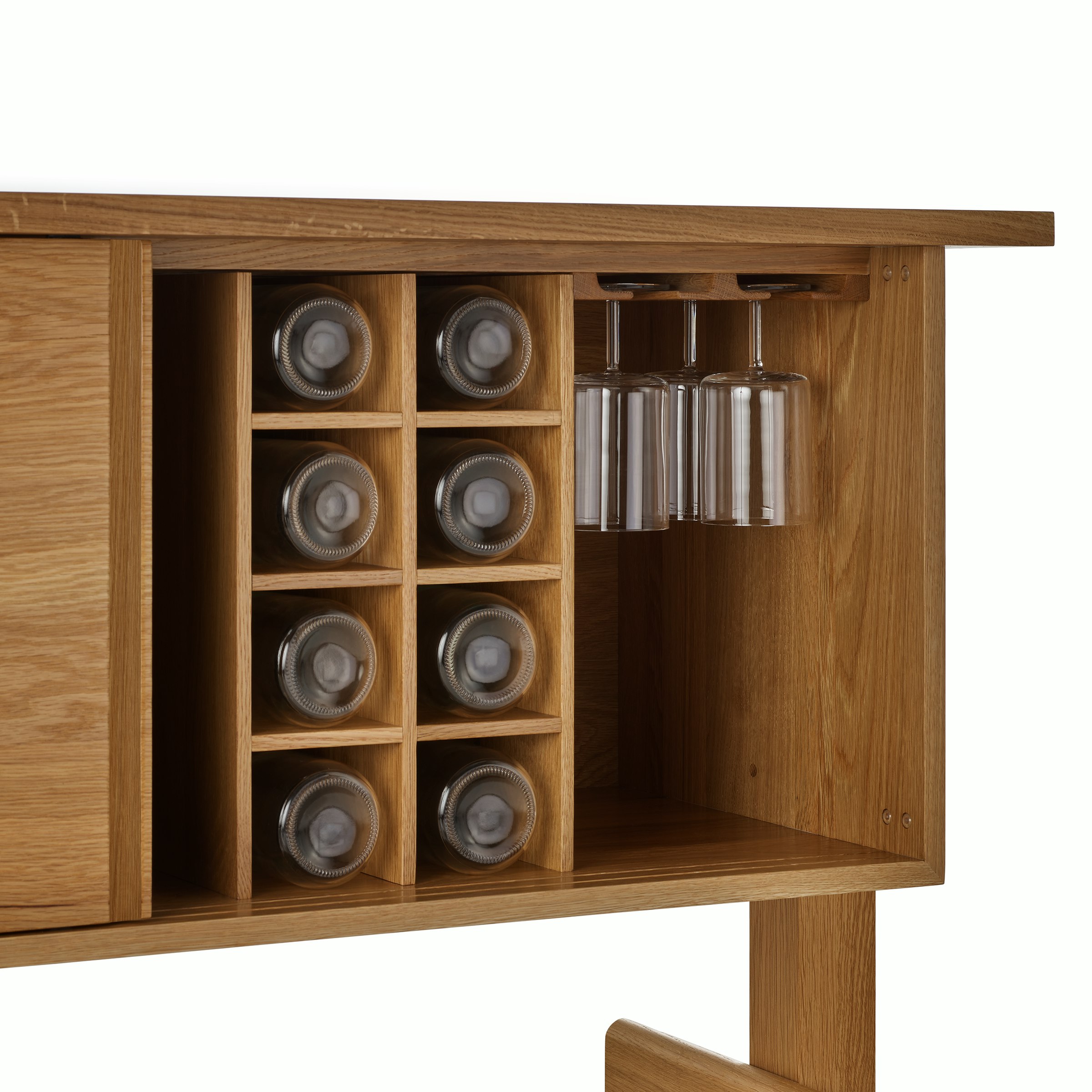 Land Credenza, Oak, Bottle and Glass storage with items showing