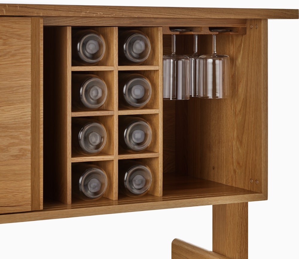 Land Credenza, Oak, Bottle and Glass storage with items showing