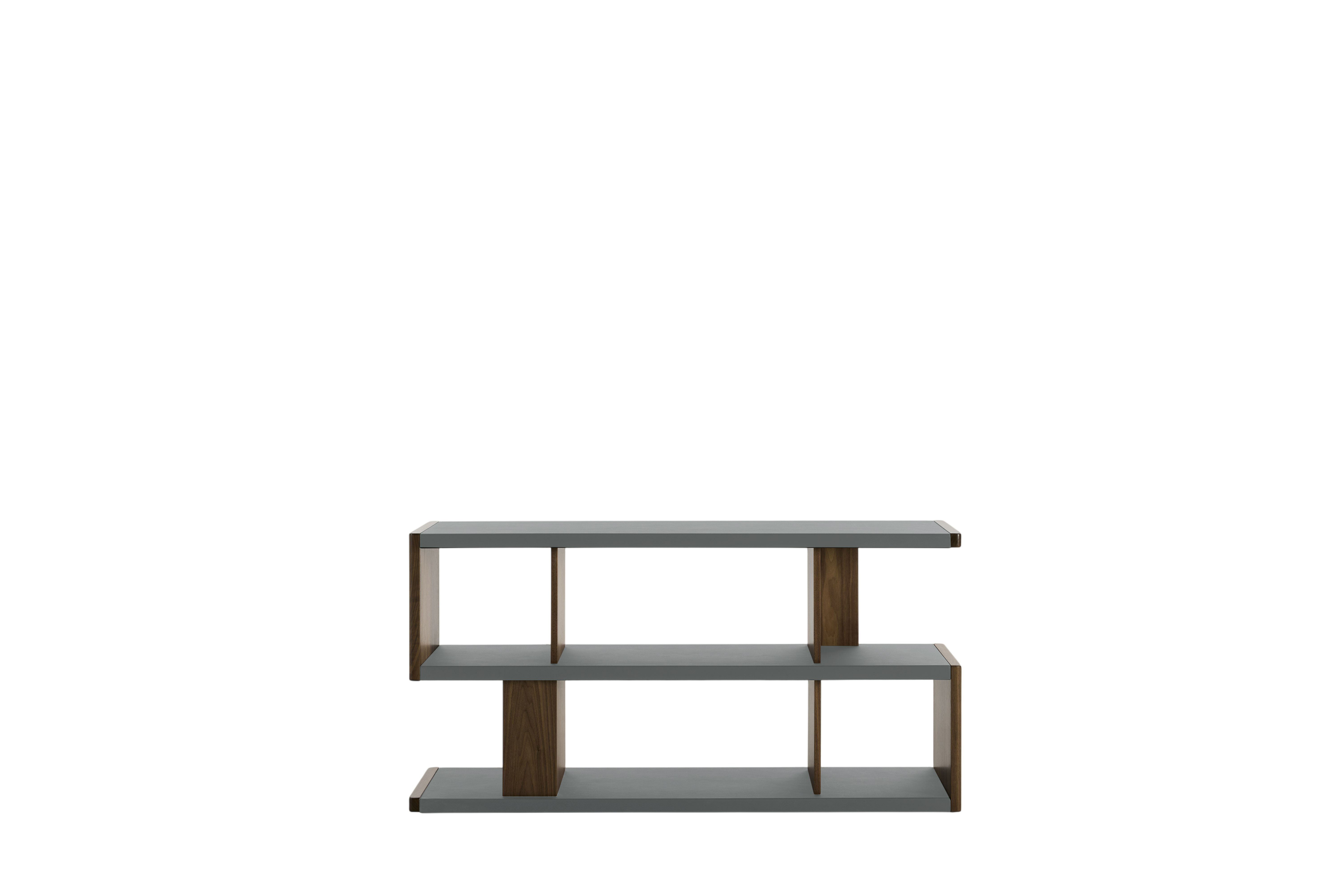New Canaan Low Bookshelf - Walnut, Bristol Leather, Sky Grey