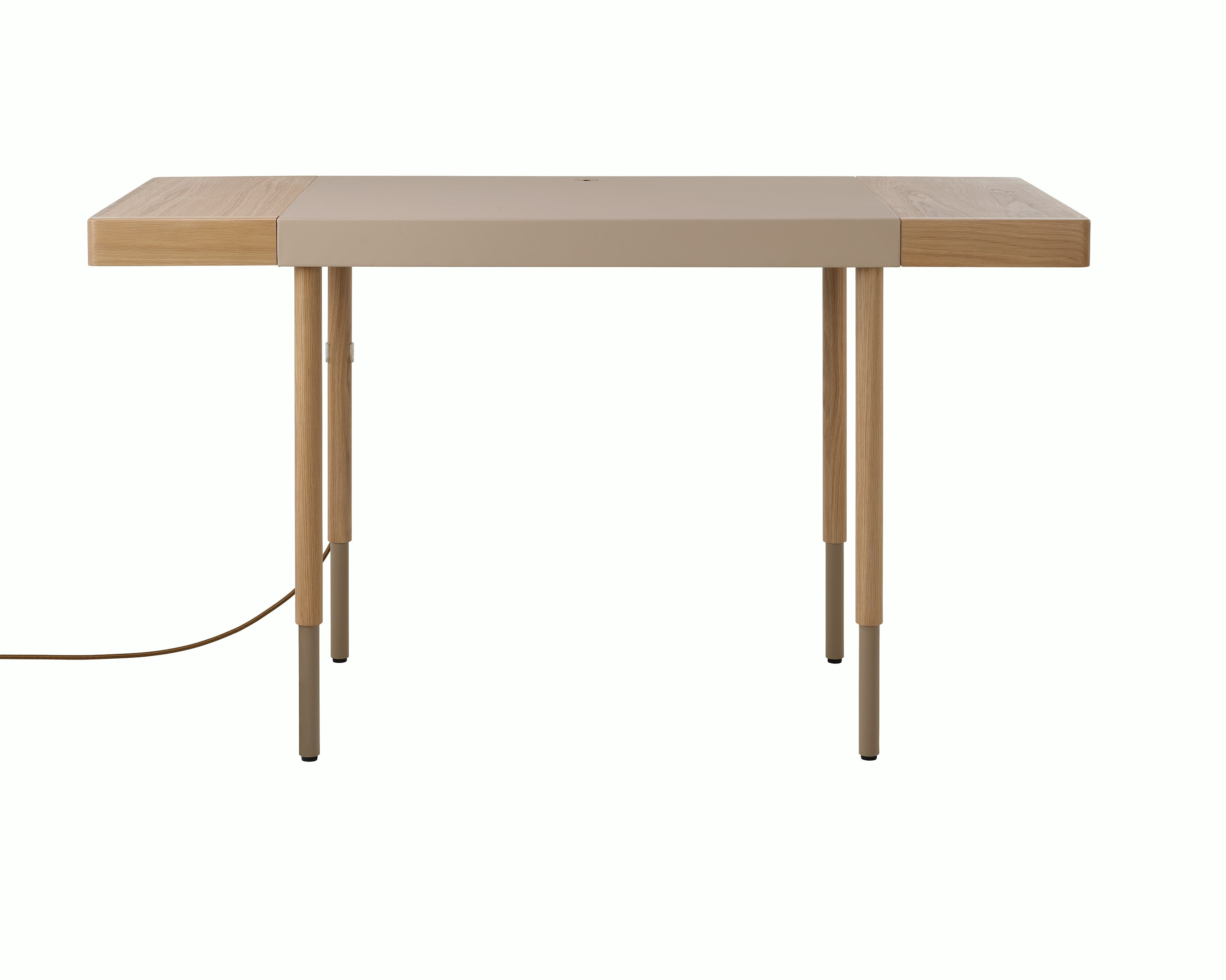 New Canaan Leatherwrap Sit-to-Stand Desk in Oak and Champagne Leather, two drawers, partially raised with cord, front view.