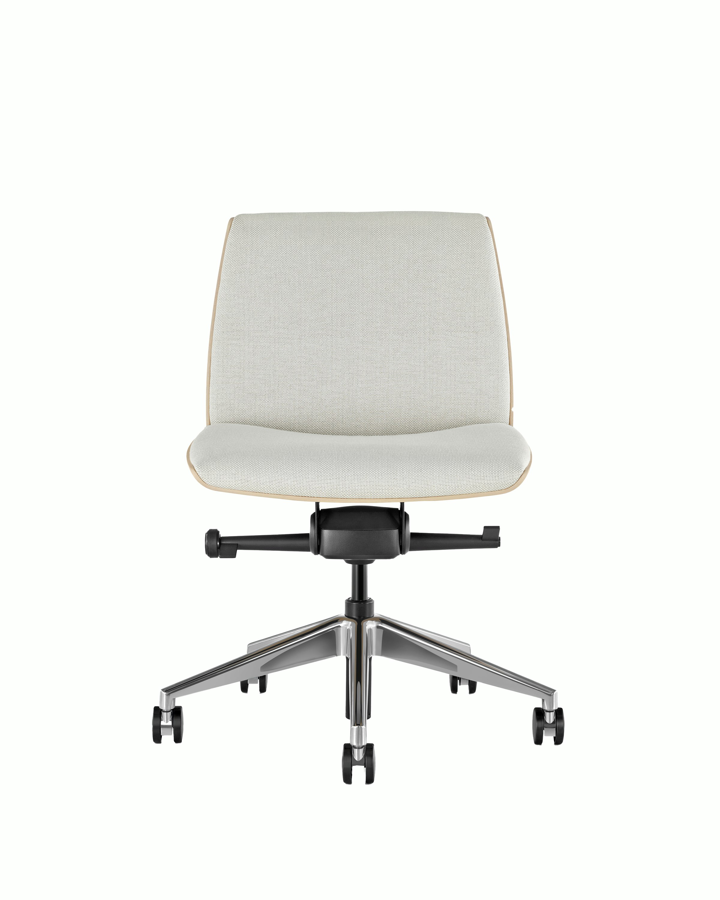 Front view of a low-back Clamshell office chair with off-white upholstery, a light-ash shell, and no arms.