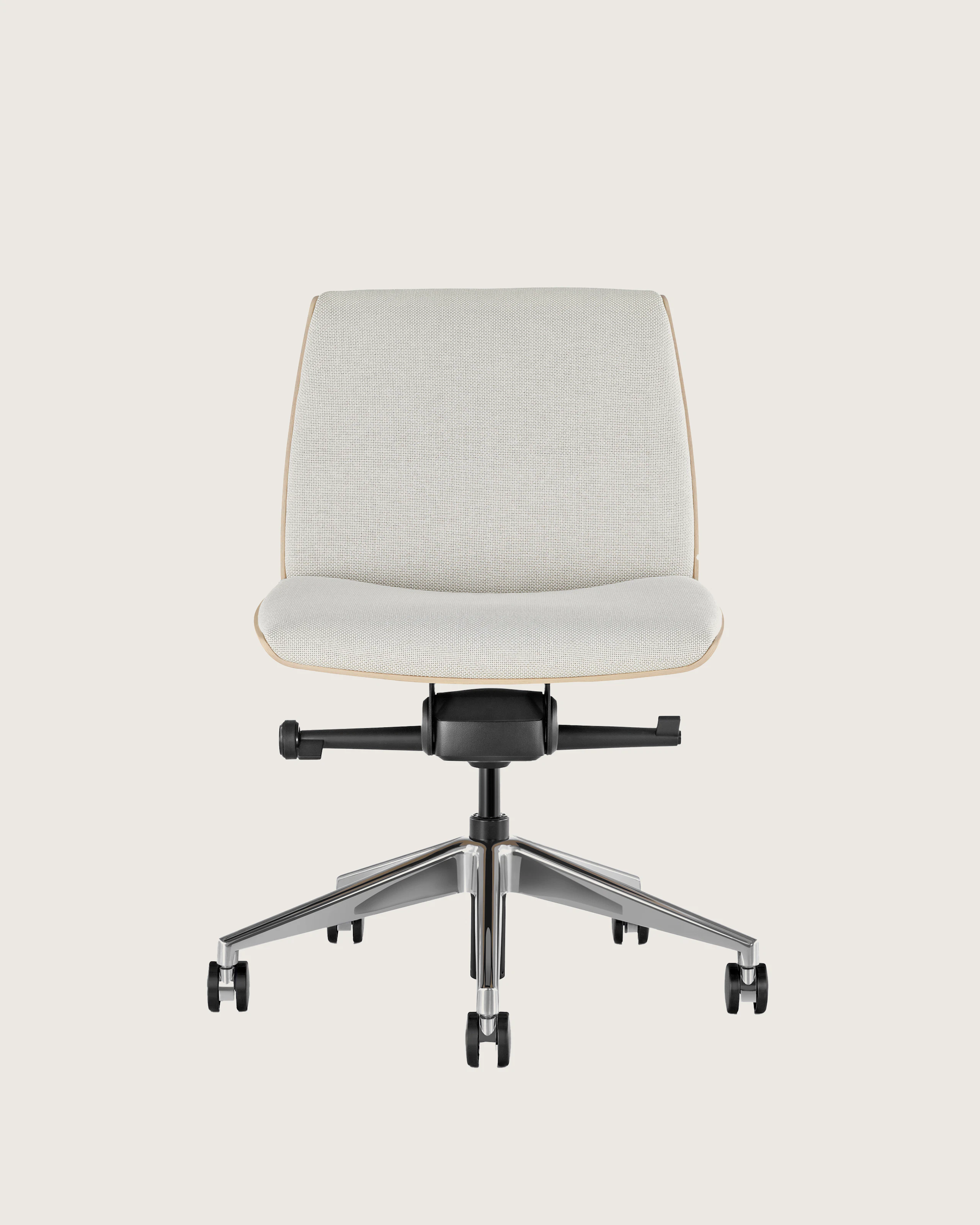 Front view of a low-back Clamshell office chair with off-white upholstery, a light-ash shell, and no arms.
