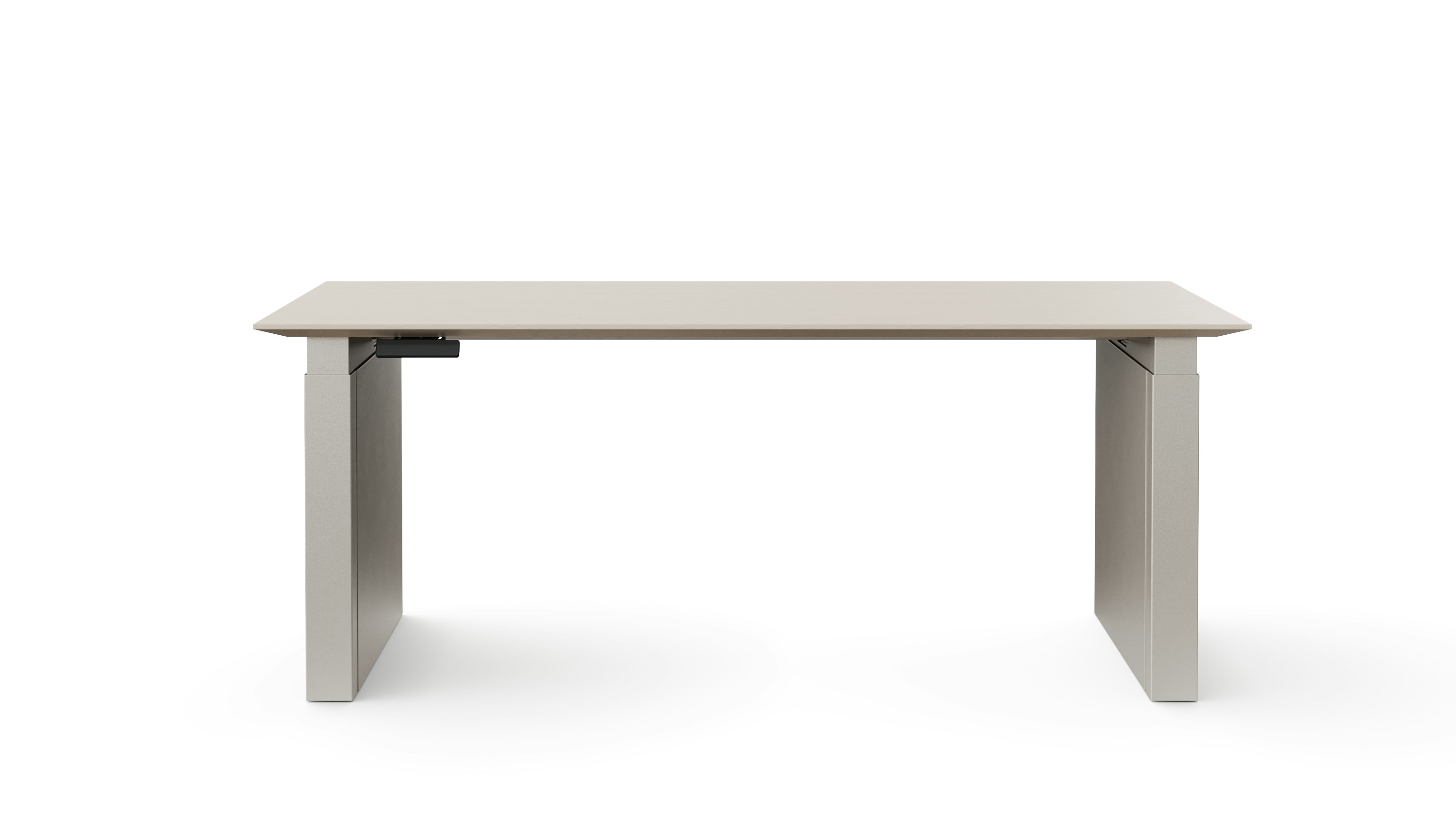 A height adjustable table with shrouded legs is shown in light finishes.
