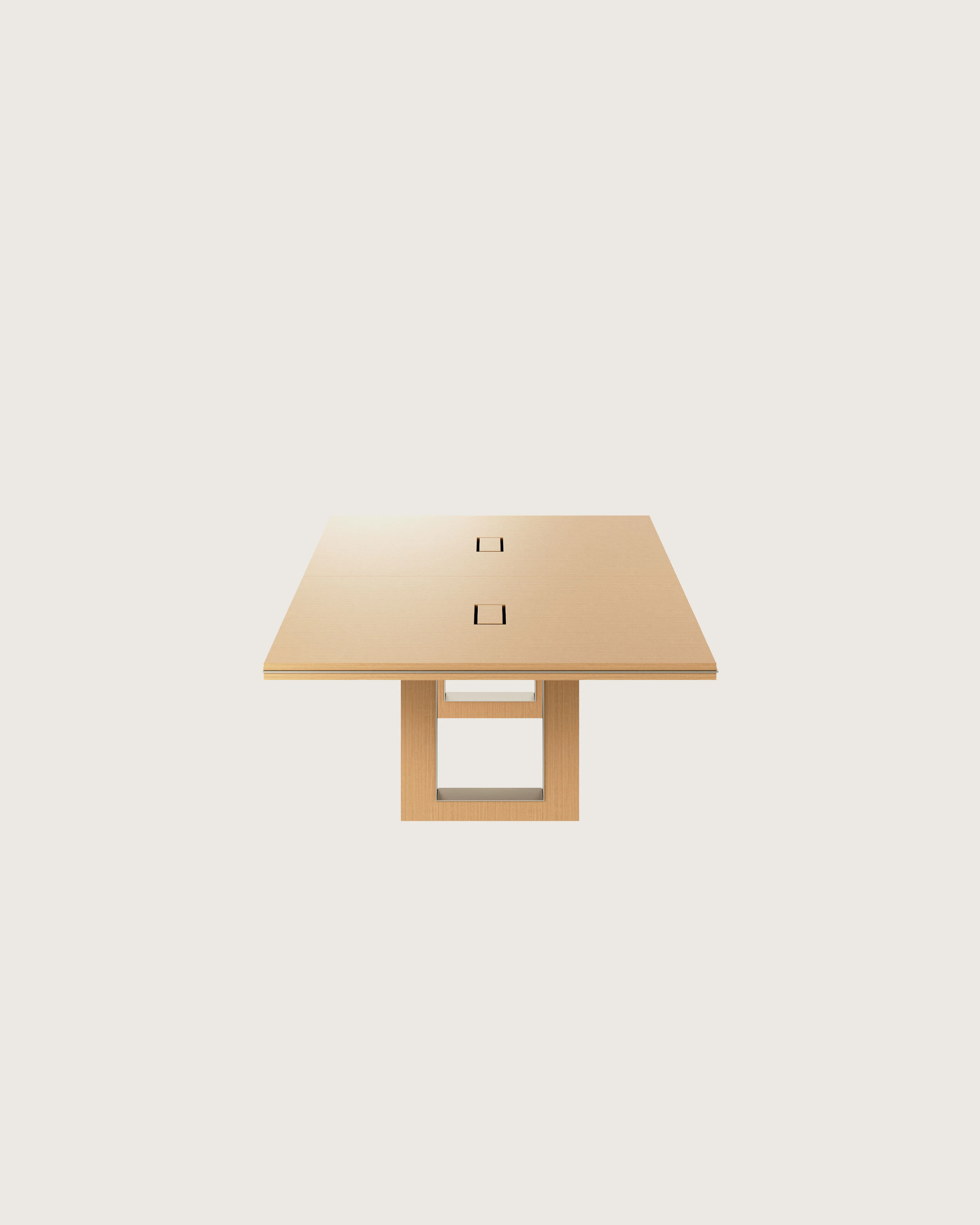 Rectangular Highline Fifty Conference Table in Natural Rift Cut Oak with a Satin Nickel edge and base trim viewed from the side.