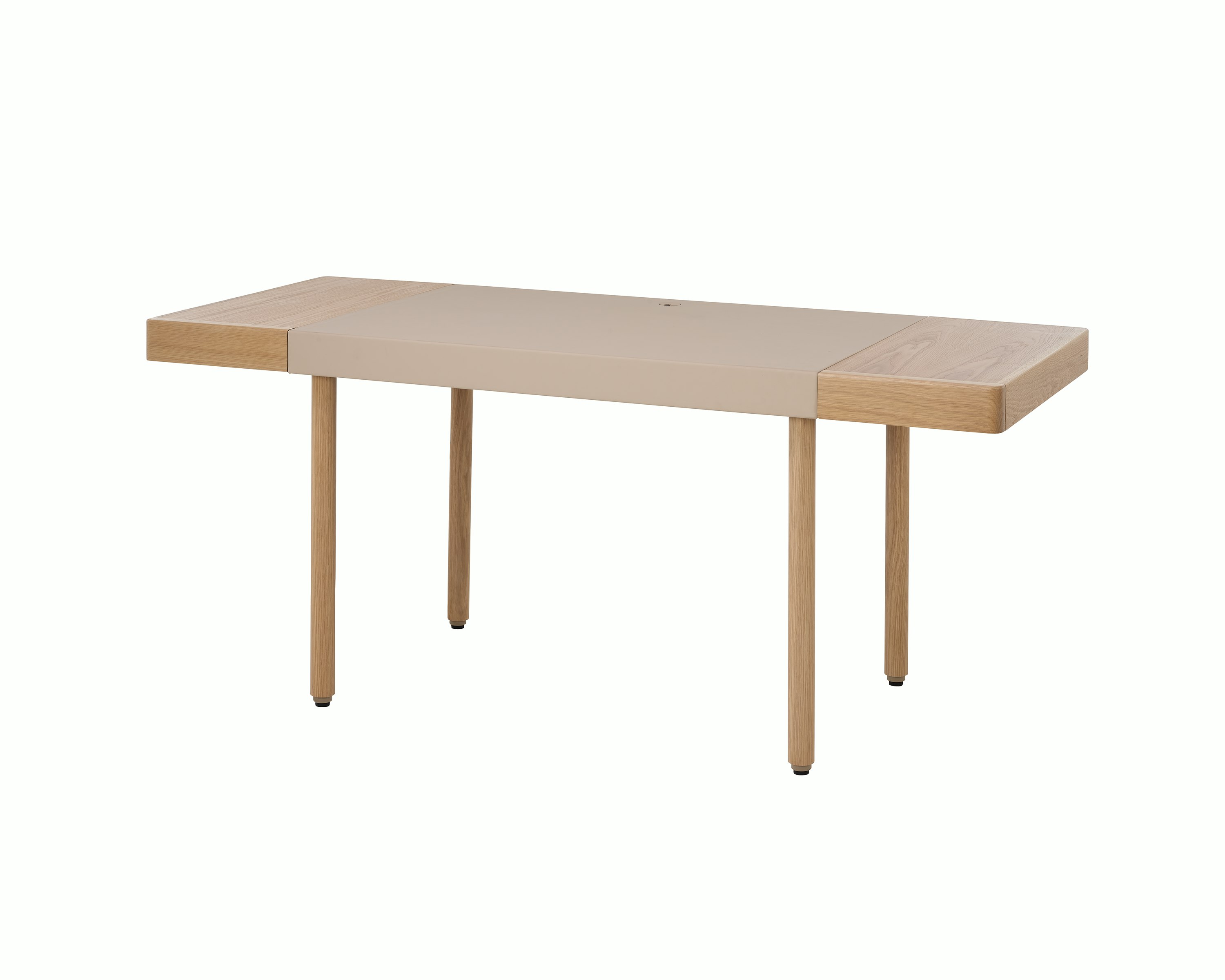 New Canaan Leatherwrap Sit-to-Stand Desk in Oak and Champagne Leather, two drawers, angled view.