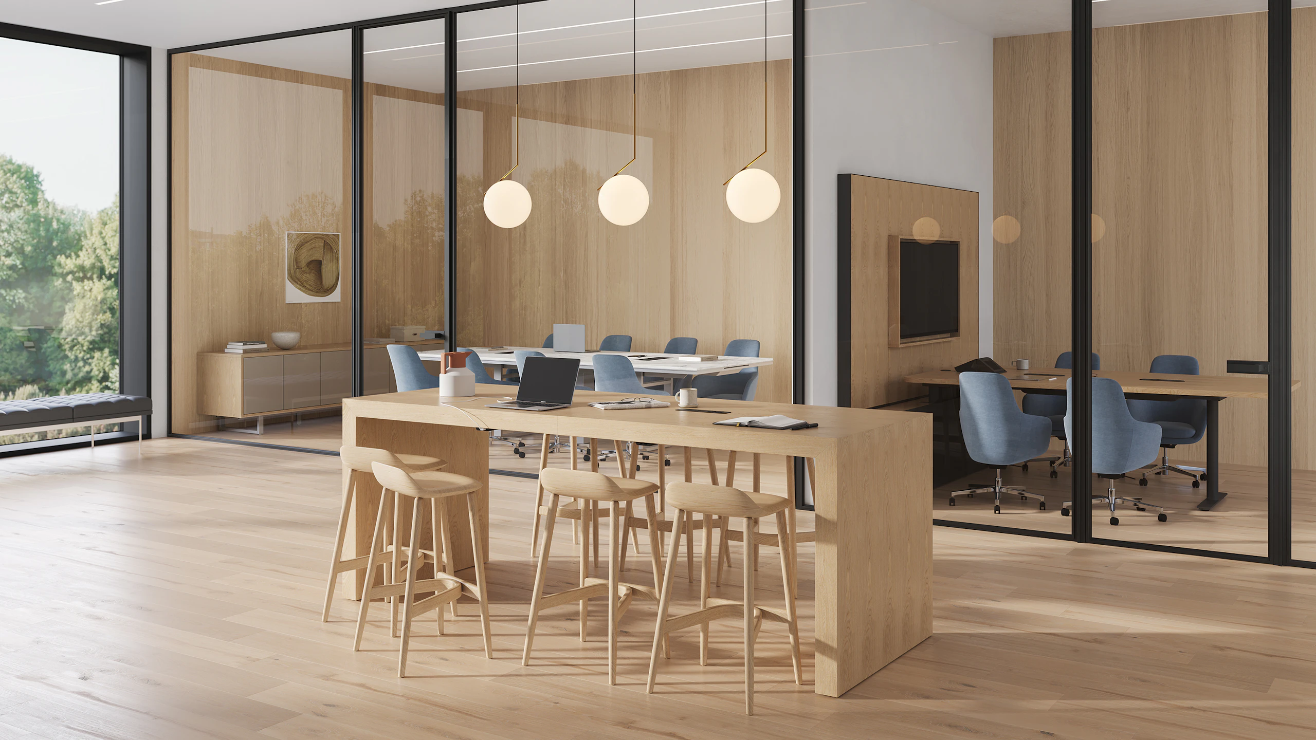 JD Waterfall Table meeting table in Oak with Crosshatch Stools and conference rooms in the background.