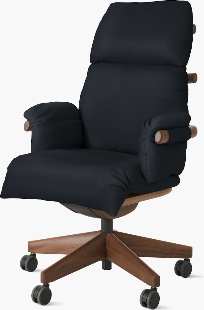Ramus Chair - High Back,  Comfort Leather,  Black,  Walnut,  Satin Brass,  Hard Floor Caster