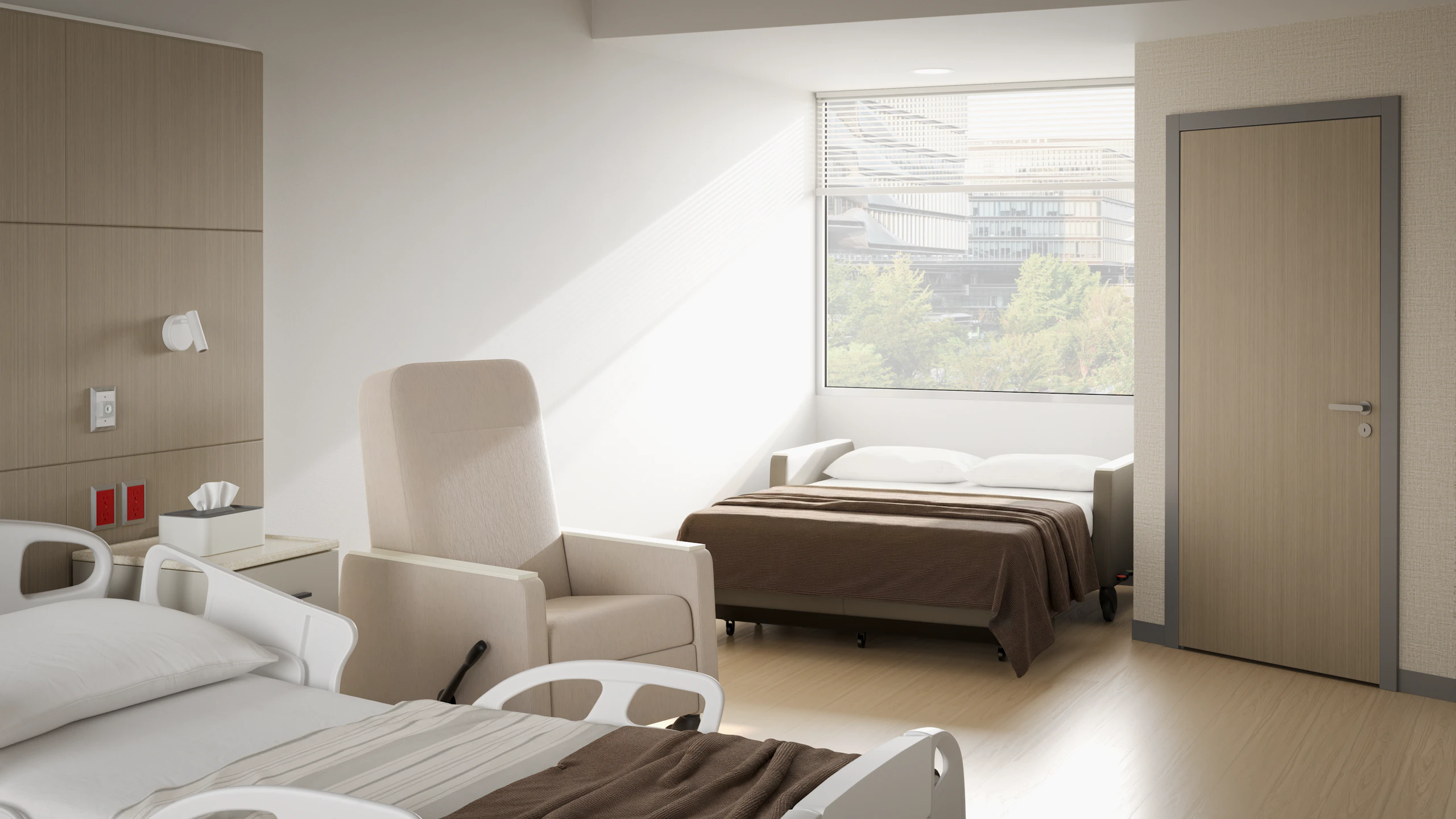 Gemma Sleep Settee shown with Gemma Recliner in a patient room, in sleeping position.