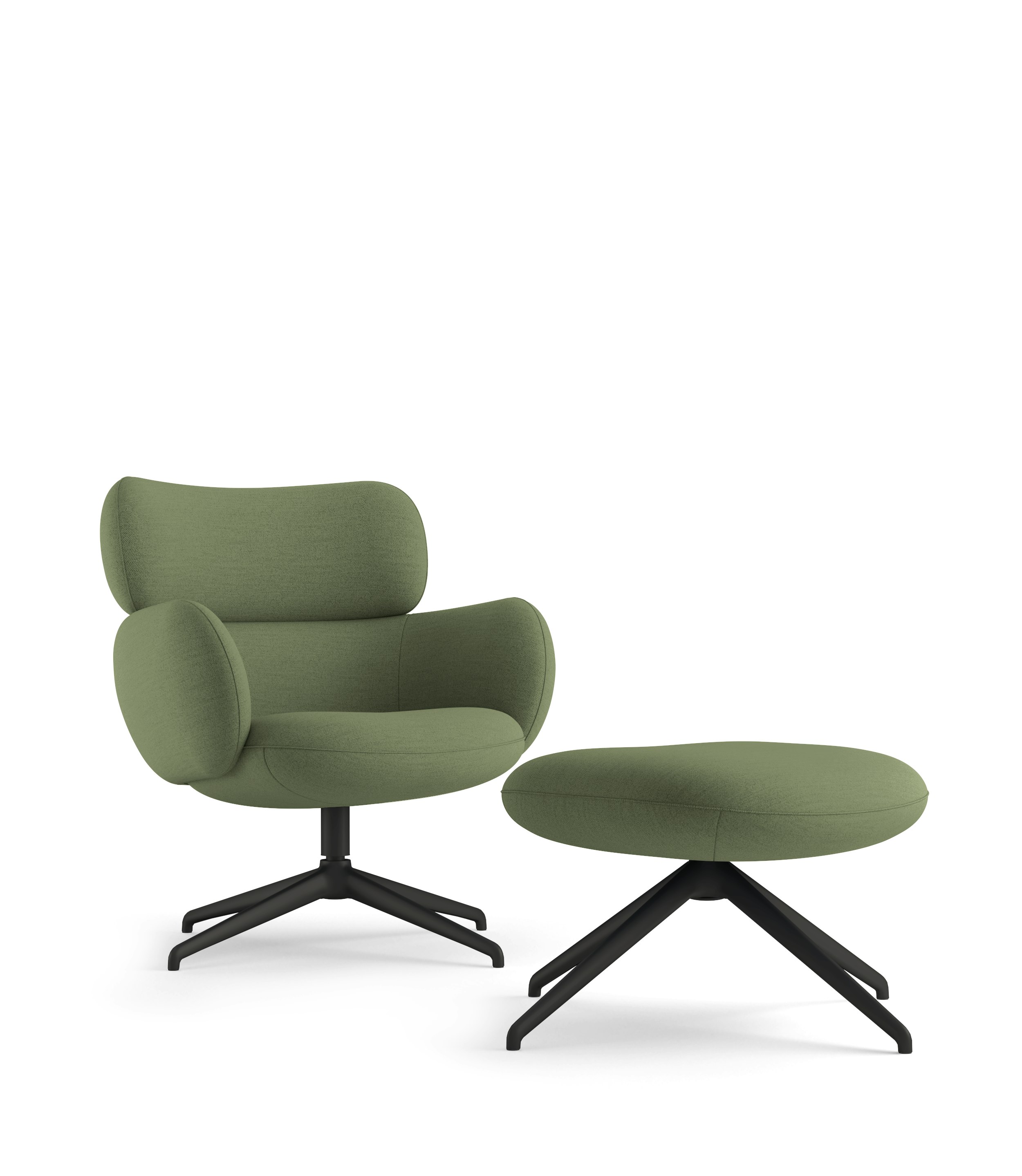 A Blis Swivel Chair and Ottoman - Black, Beck, Woodlet in  viewed from an angle.