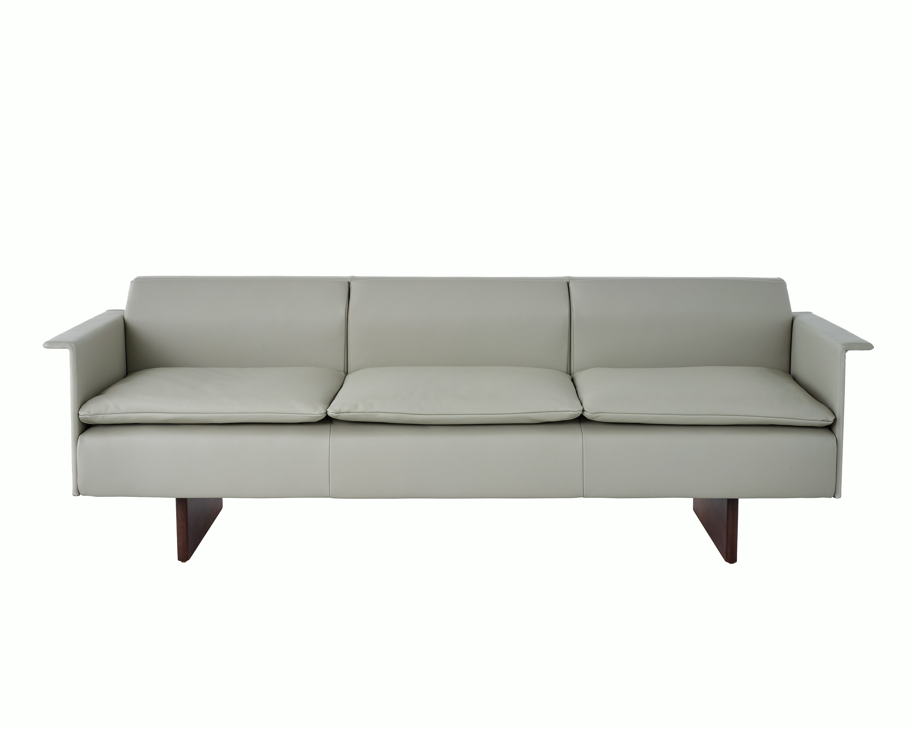 Mantle Three Seater Sofa with Walnut Wood Base in Bristol Leather Ash Gray.