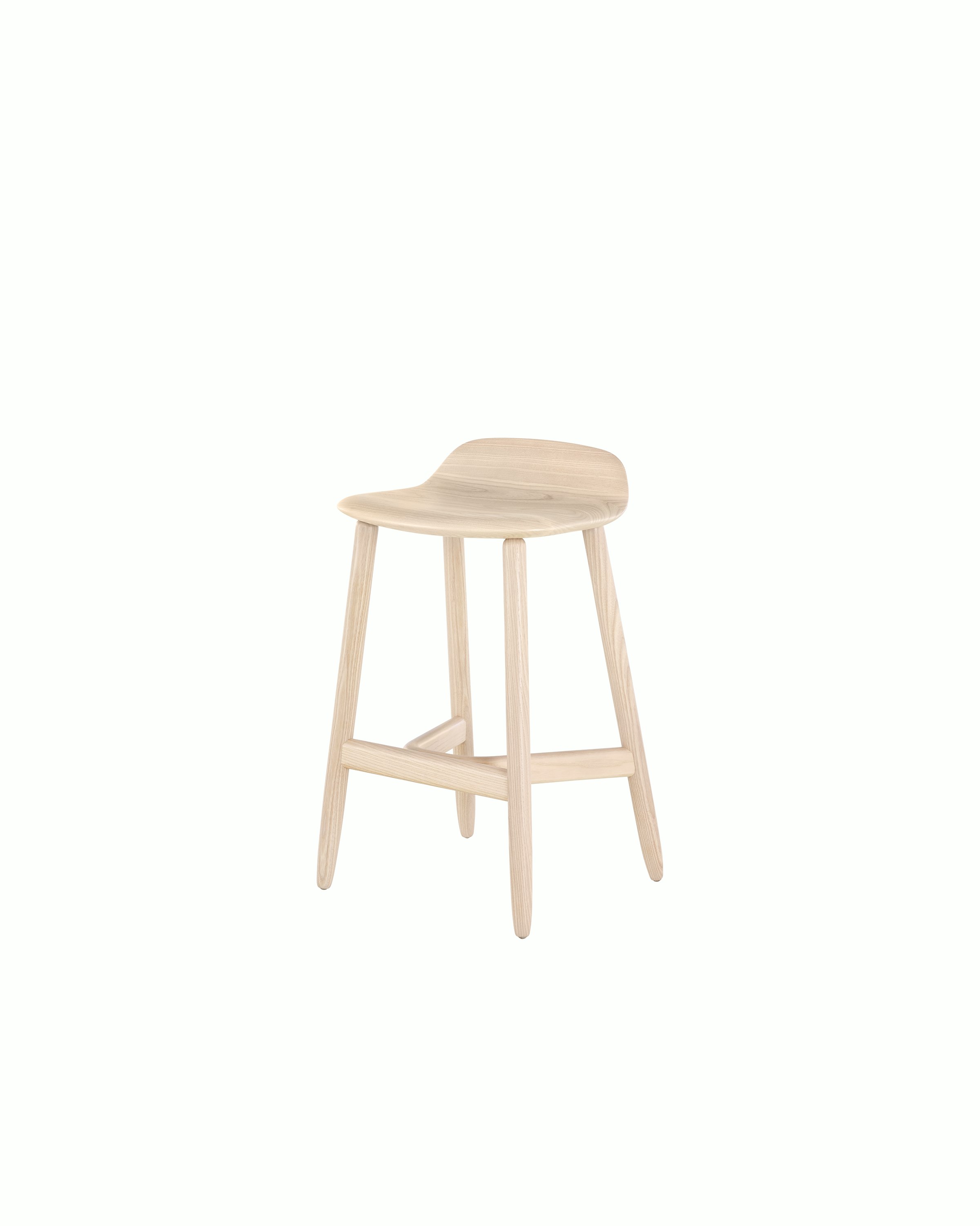 Angled view of a counter-height wood Crosshatch Stool with a light finish.