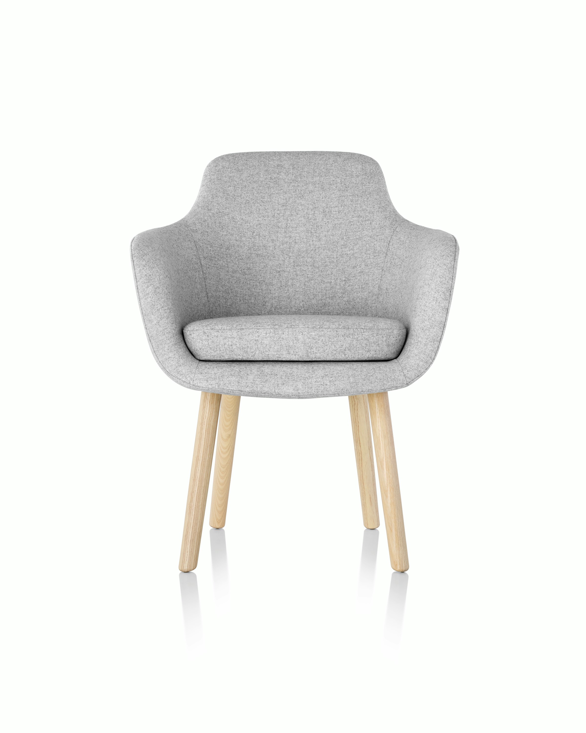 A Saiba Side Chair with light gray upholstery and wood legs in a light finish, viewed from the front.