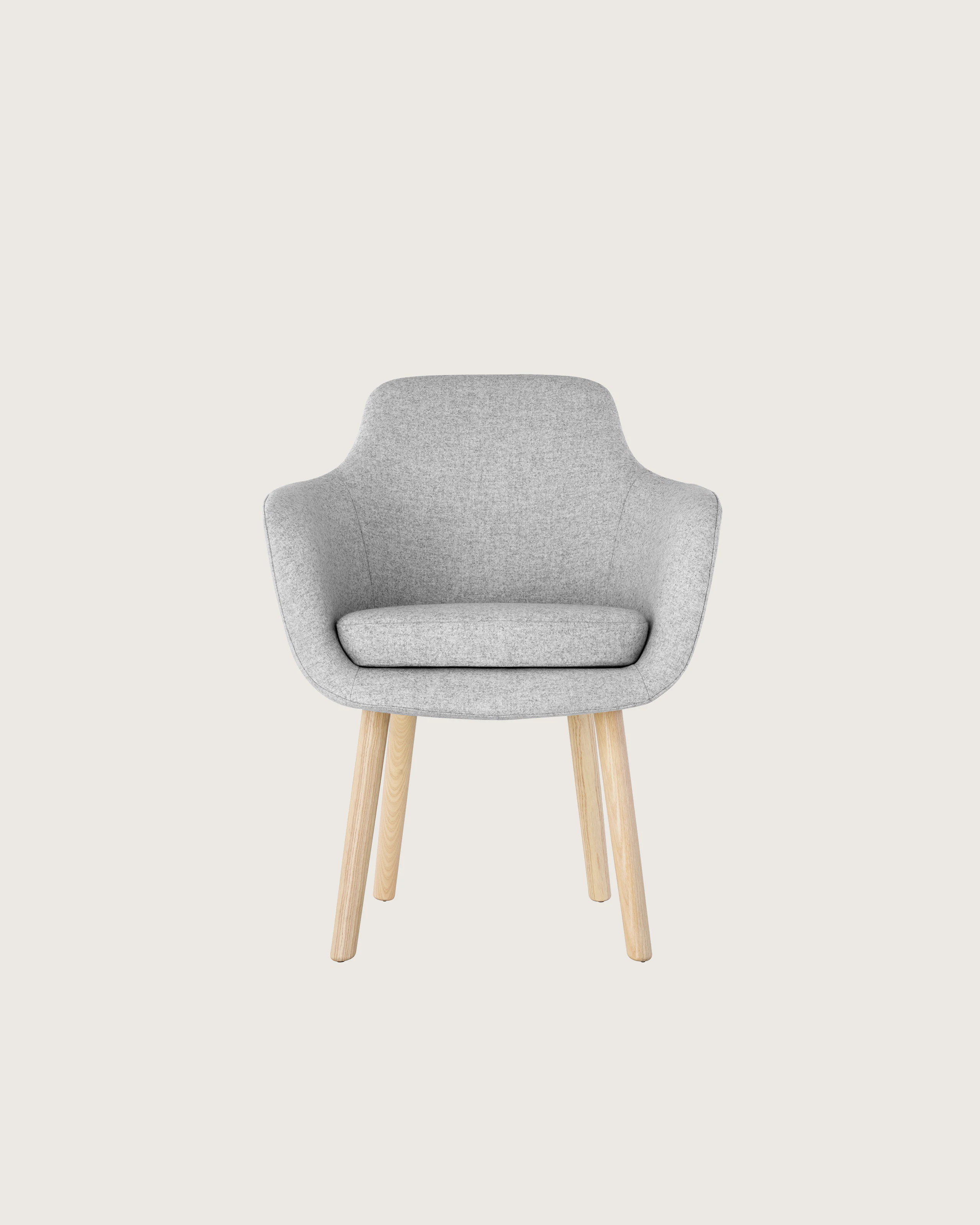 A Saiba Side Chair with light gray upholstery and wood legs in a light finish, viewed from the front.