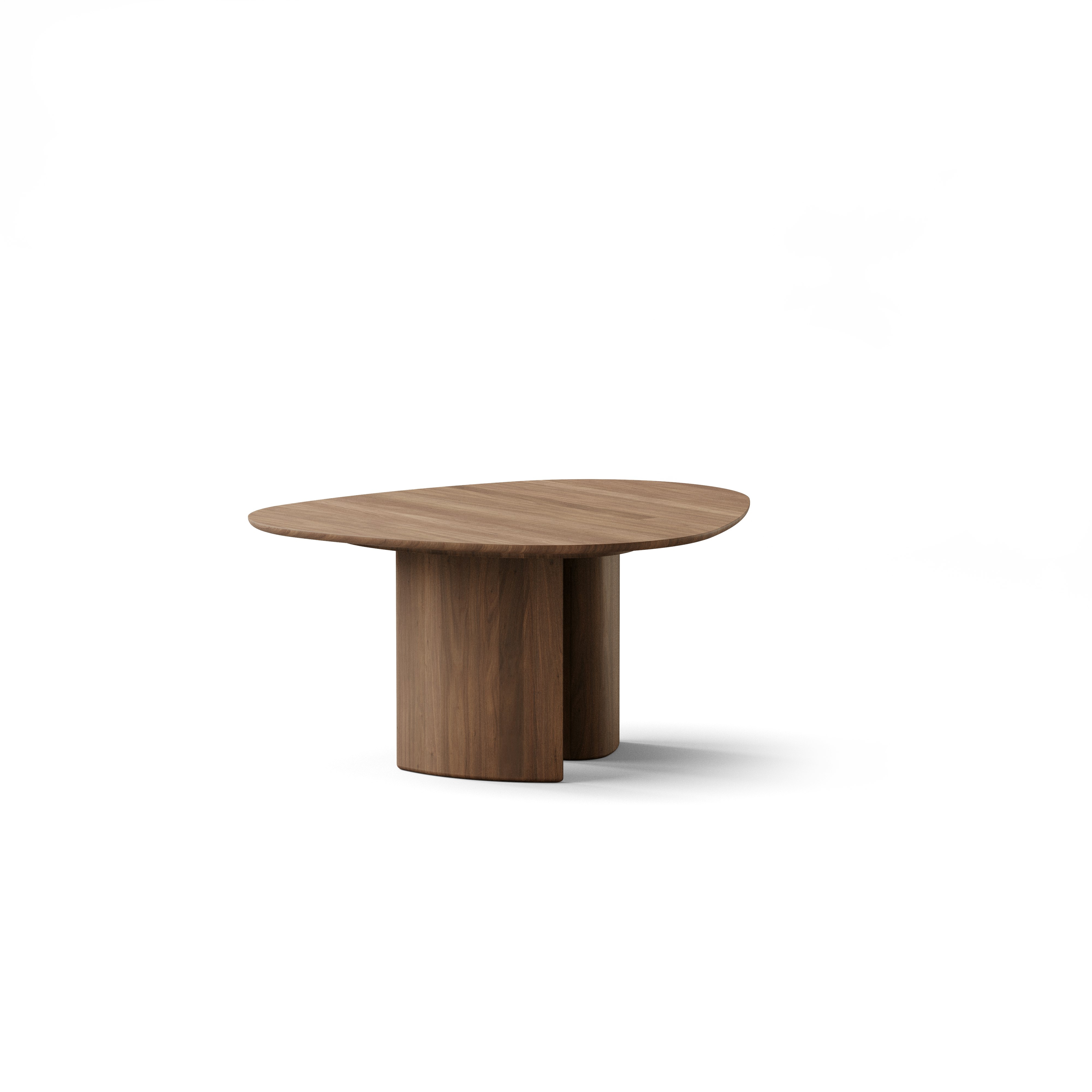 A Tangent Dining Table in Walnut viewed from the side.