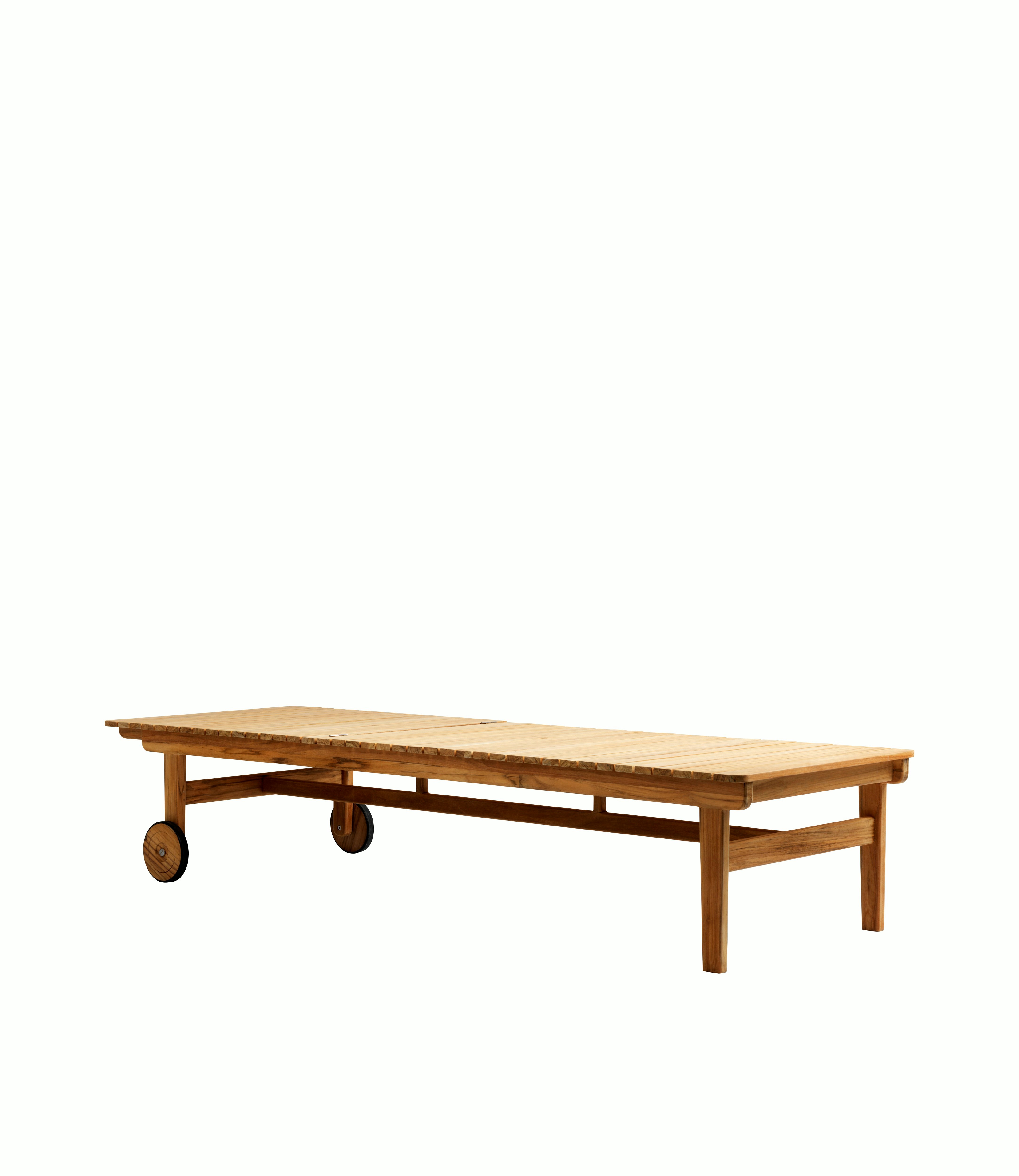 A Sammen Outdoor Bench in Sammen Outdoor Chaise - Natural Teak viewed from an angle.