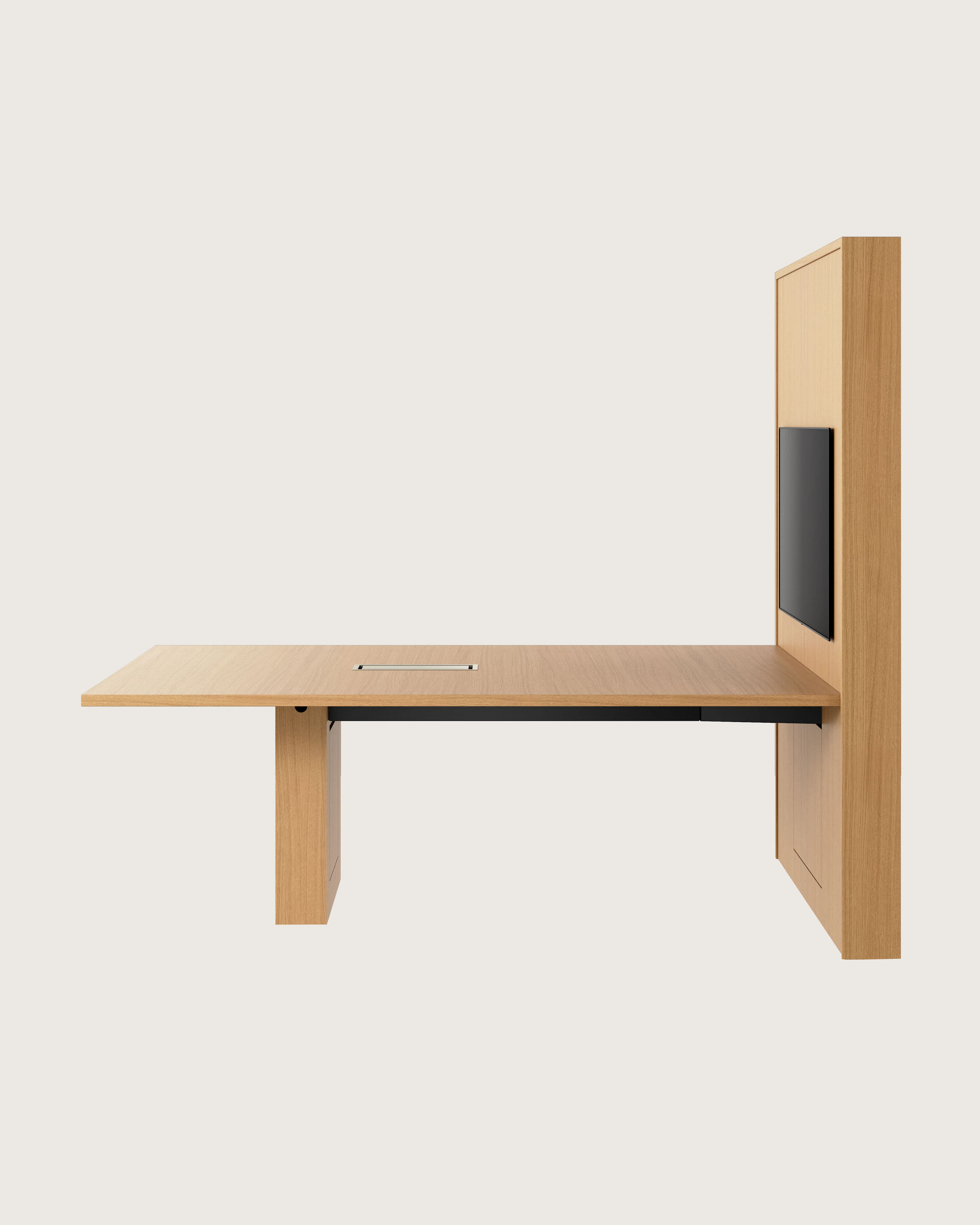 JD Media Table and Wall in Natural Rift Cut Oak with a 1 and a 1/4 inch thick top viewed from the side.