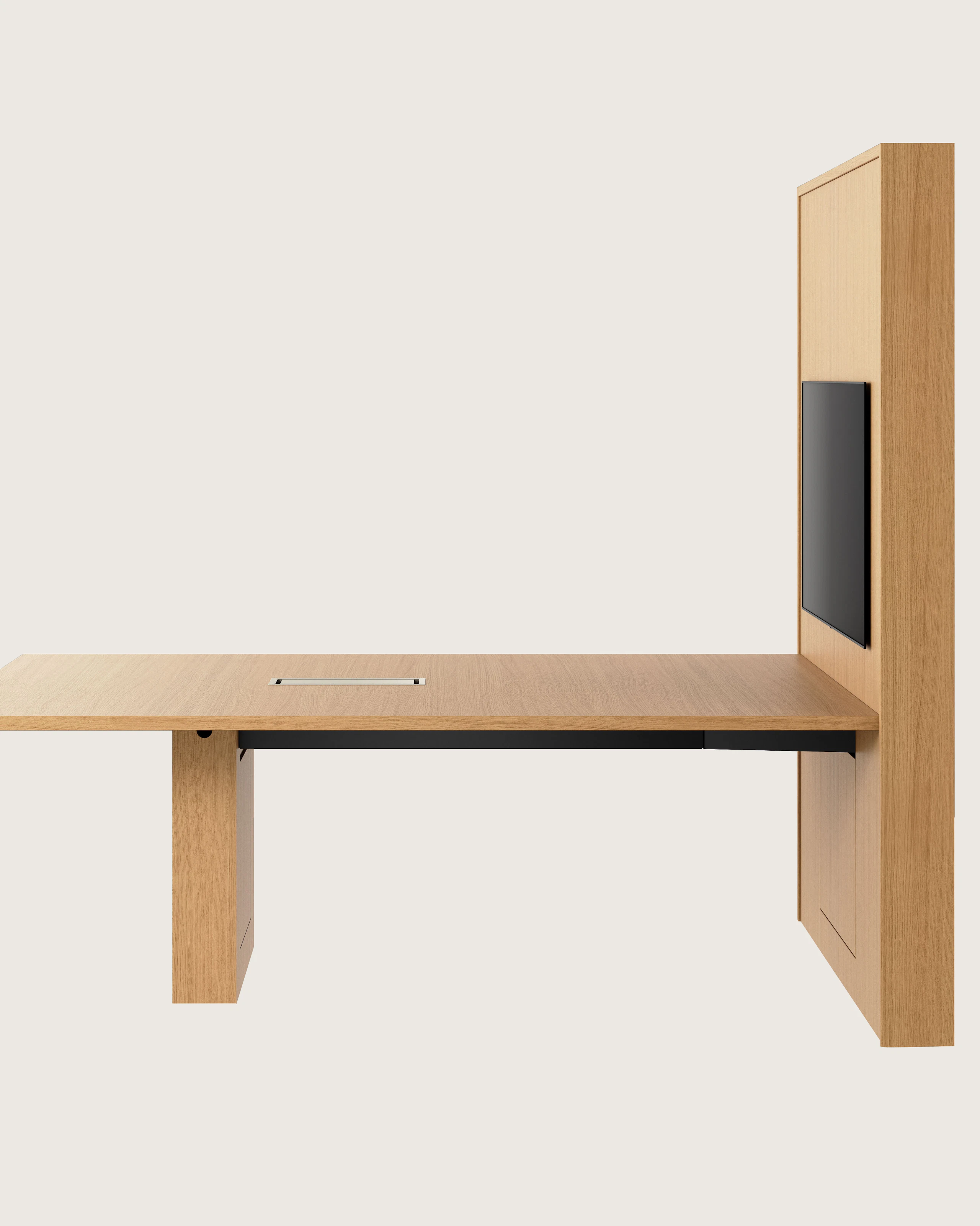 JD Media Table and Wall in Natural Rift Cut Oak with a 1 and a 1/4 inch thick top viewed from the side.