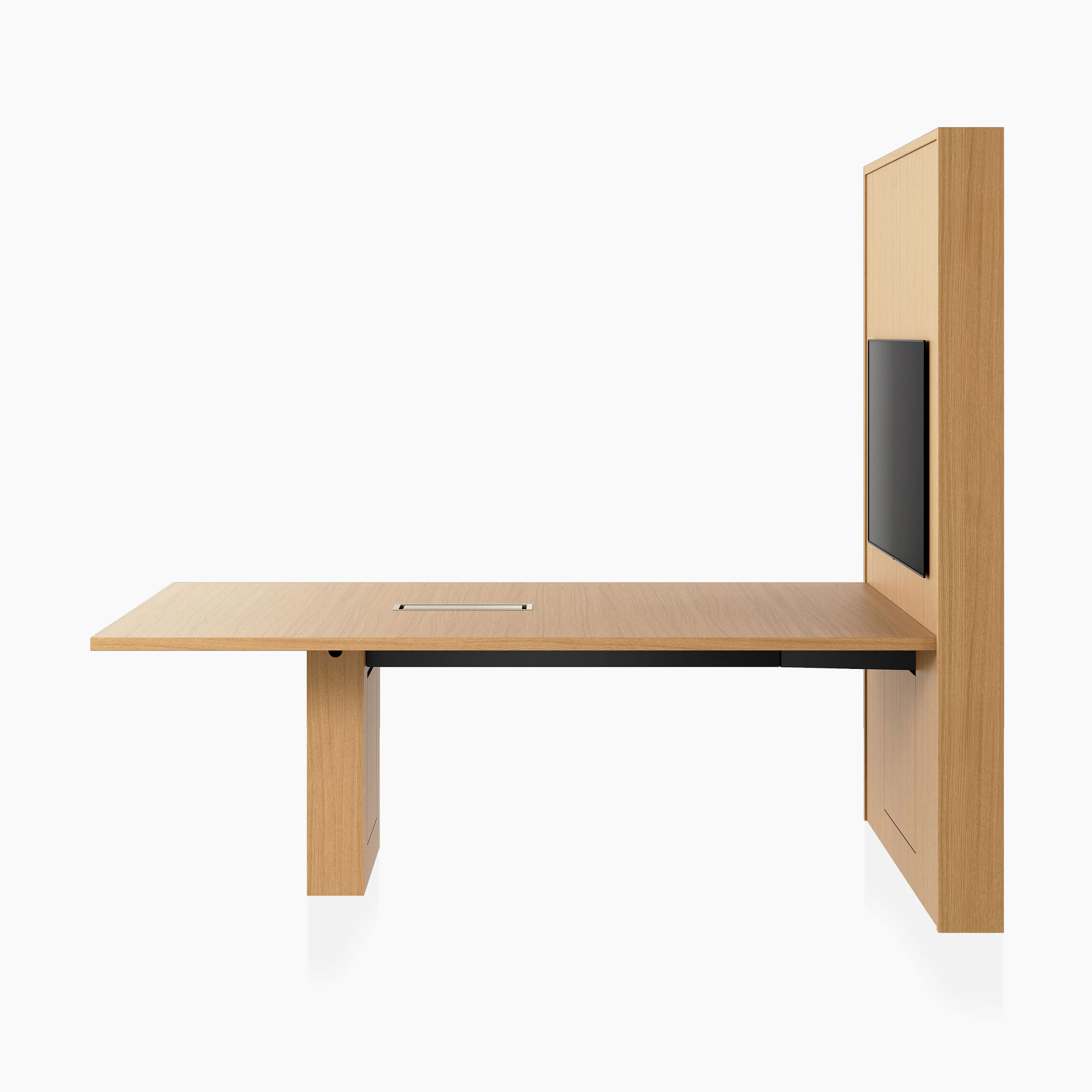 JD Media Table and Wall in Natural Rift Cut Oak with a 1 and a 1/4 inch thick top viewed from the side.