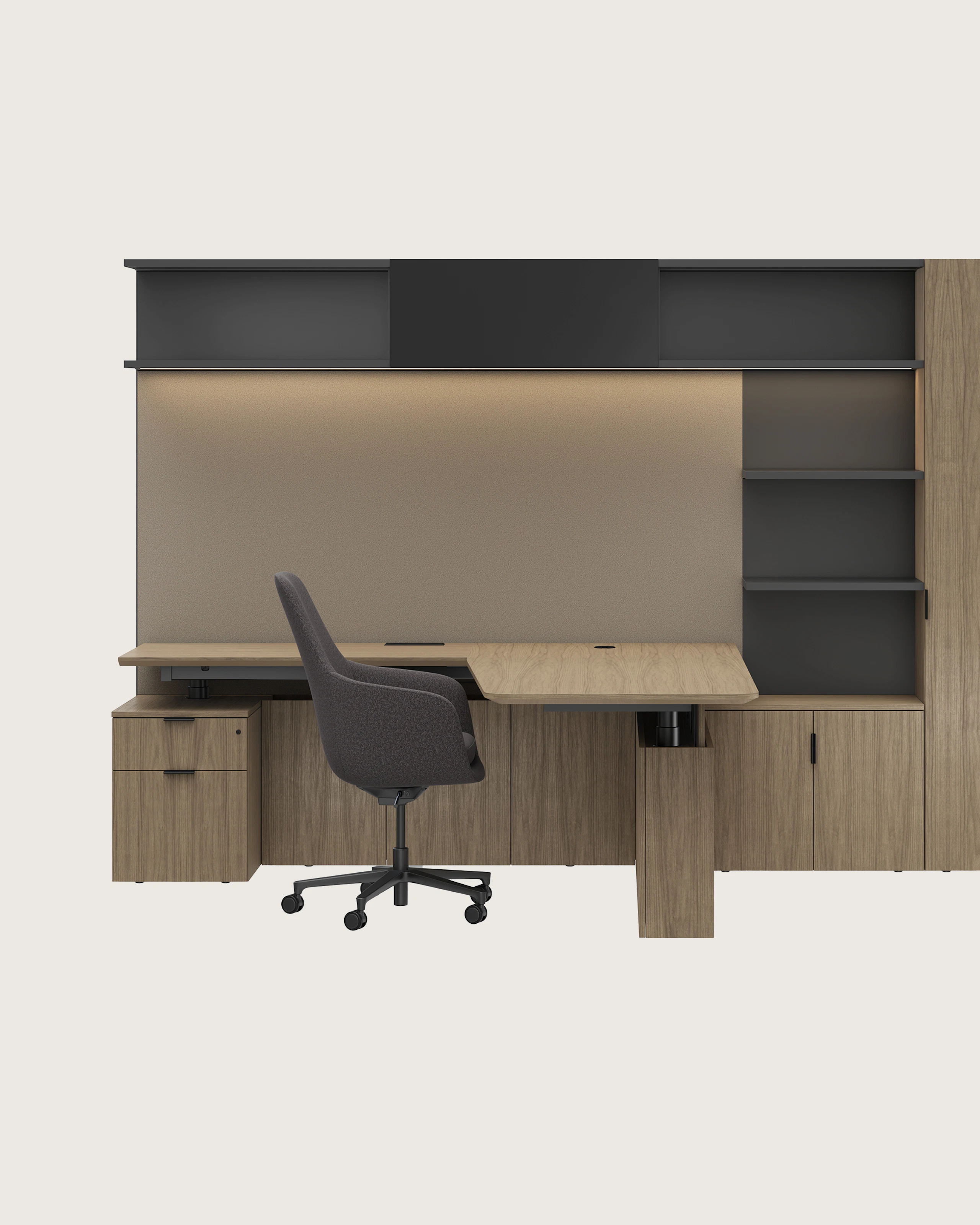 A Geiger One Private Office in Natural Flat Cut Walnut with a Saiba Office Chair viewed from the front.