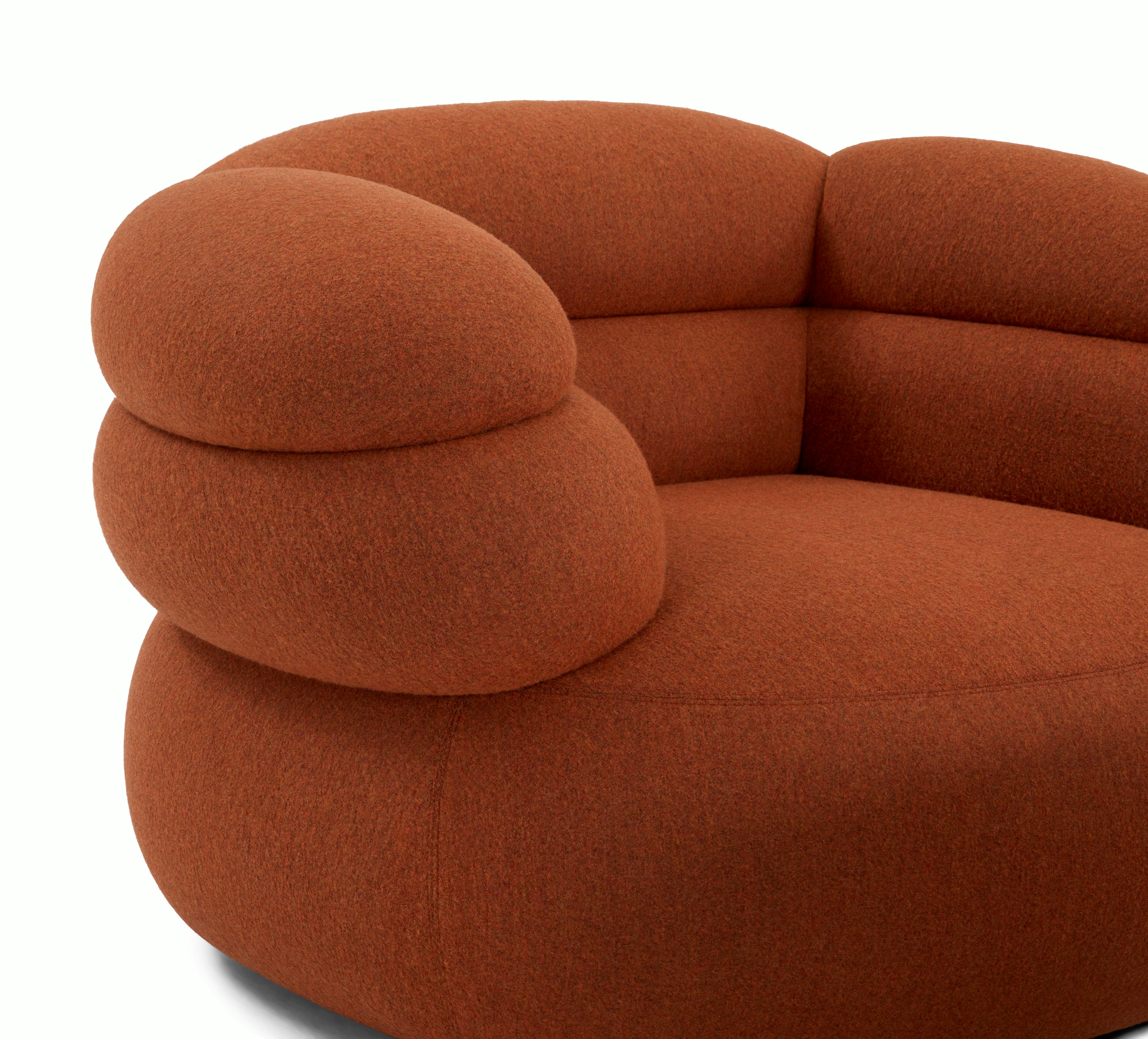 A detailed look at a Biboni Lounge Chair in Stellium Iron Red.