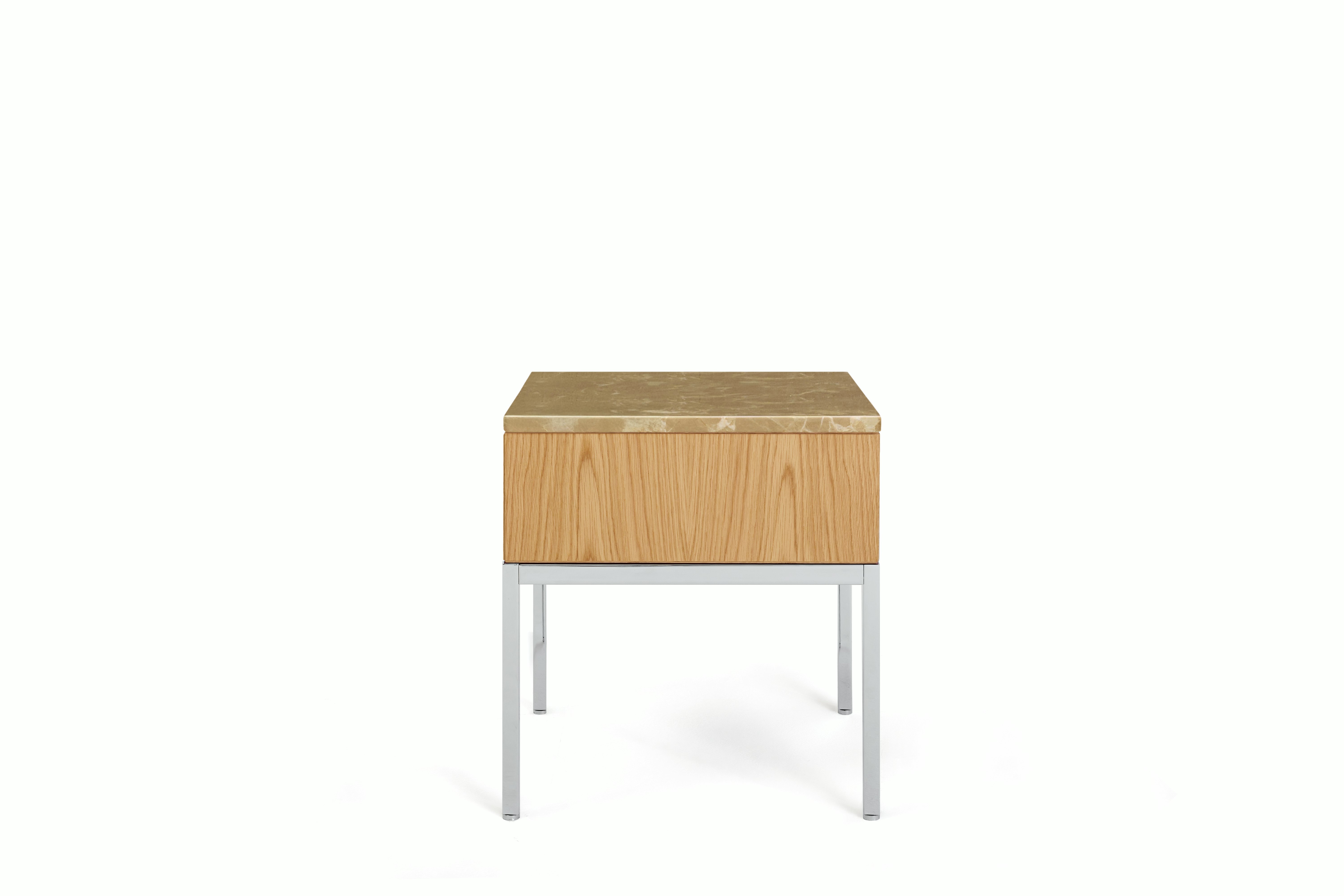 A Knoll Chermayeff Side Table in Oak, Emperador Light Satin Coated Marble viewed from the front.