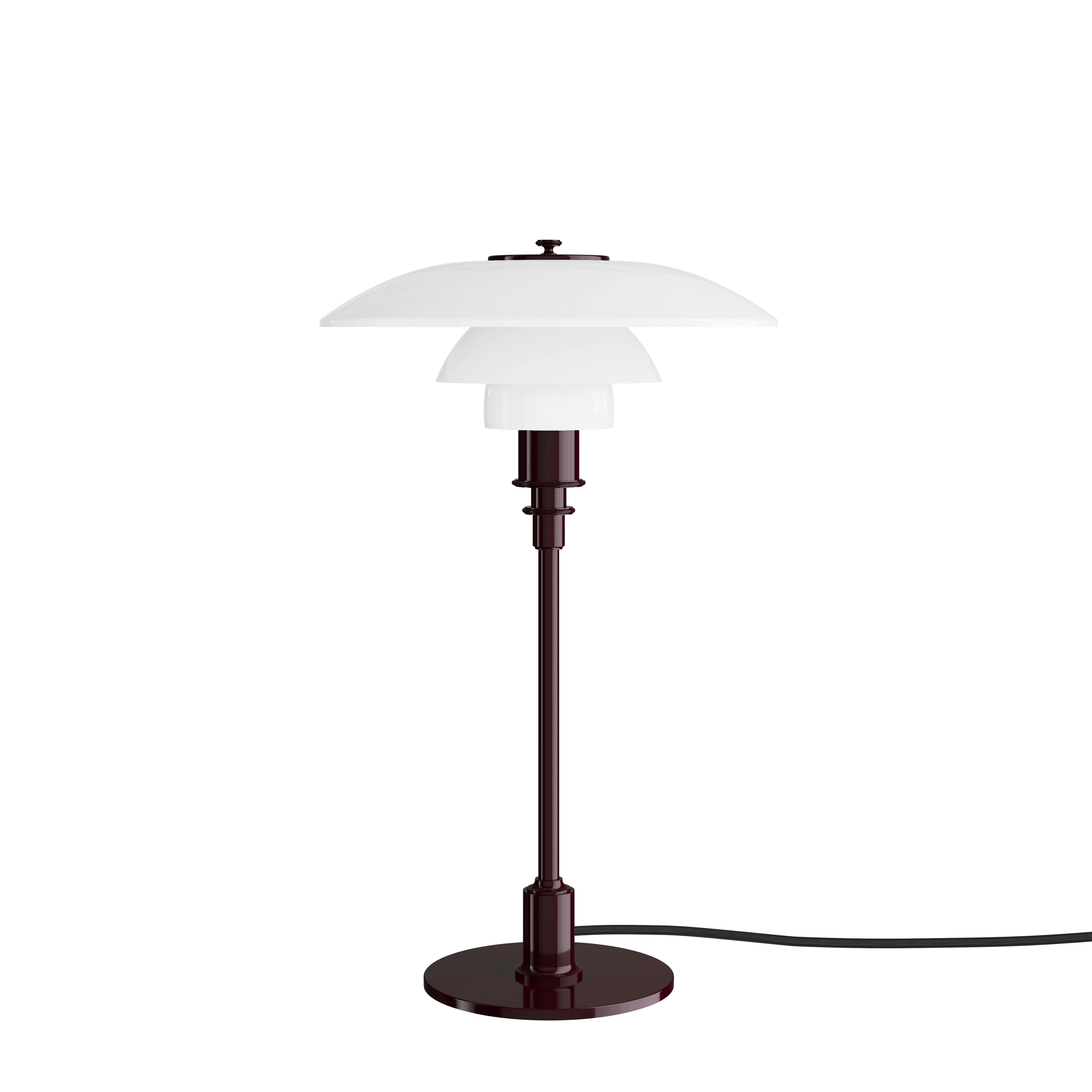 A PH 3/2 Table Lamp in Opal / Glossy Burgundy viewed from the front.