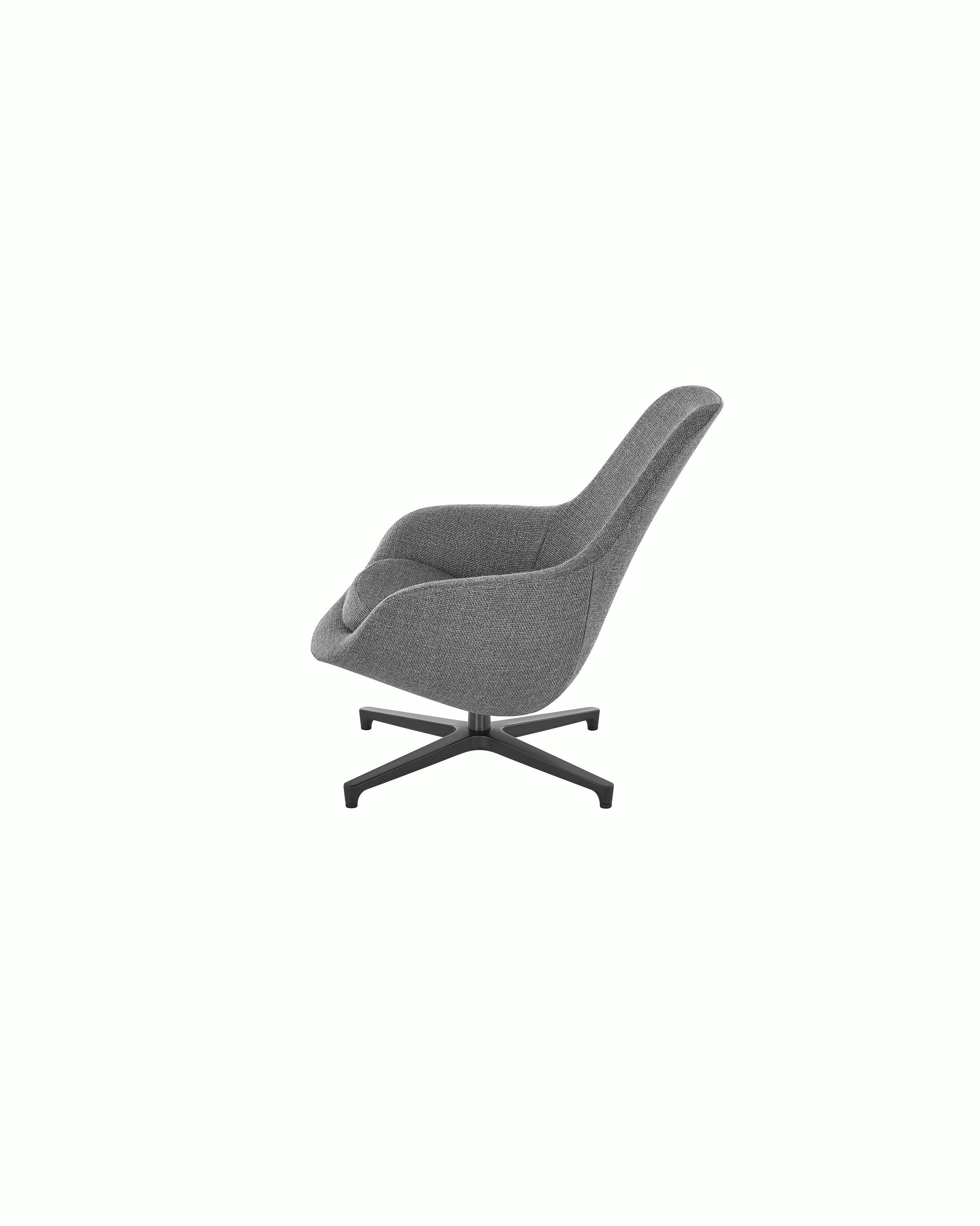 Partial side view of a Saiba Lounge Chair with gray upholstery, showing the impeccable tailoring.