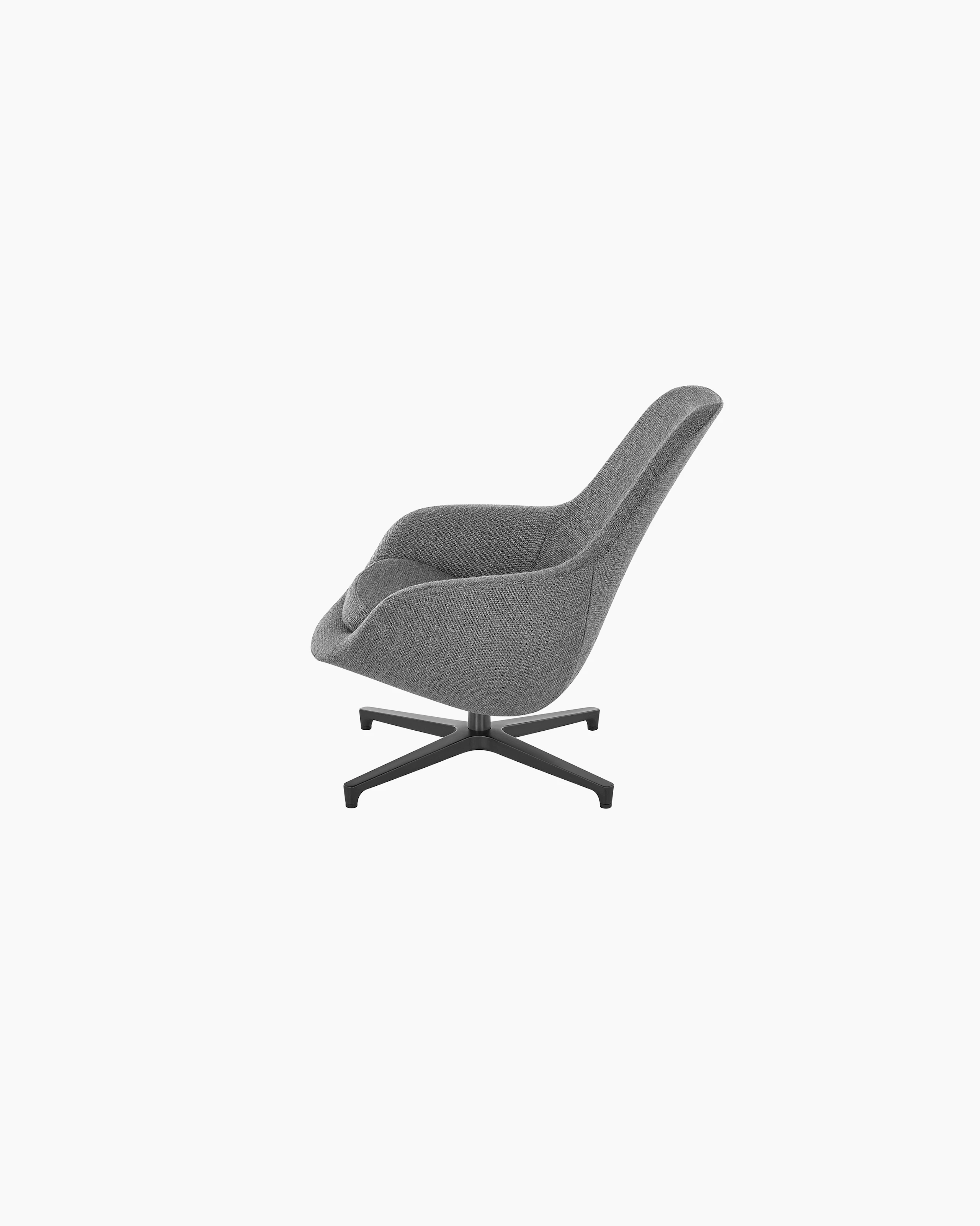 Partial side view of a Saiba Lounge Chair with gray upholstery, showing the impeccable tailoring.