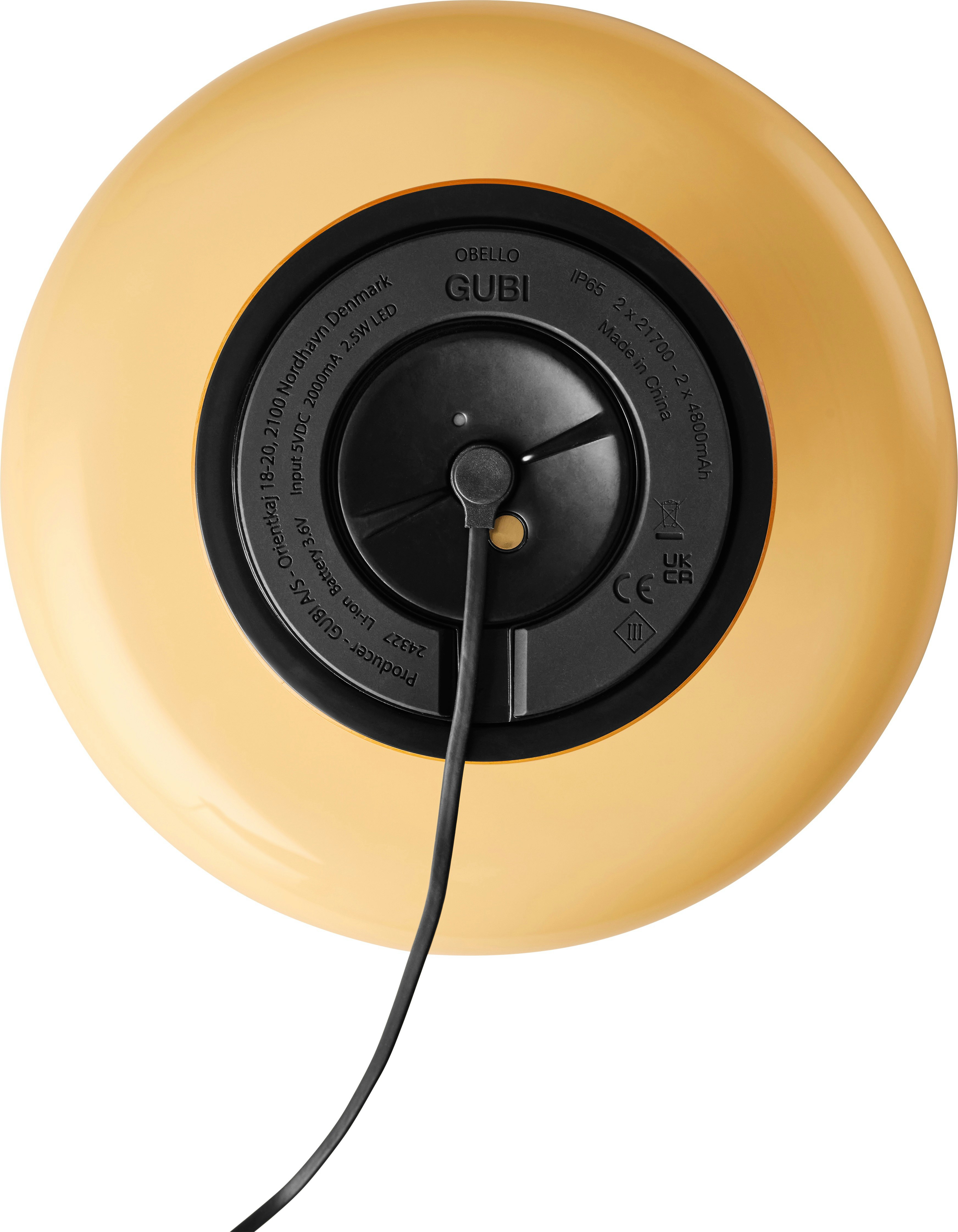 An Obello Portable Lamp in Yellow viewed from the side.