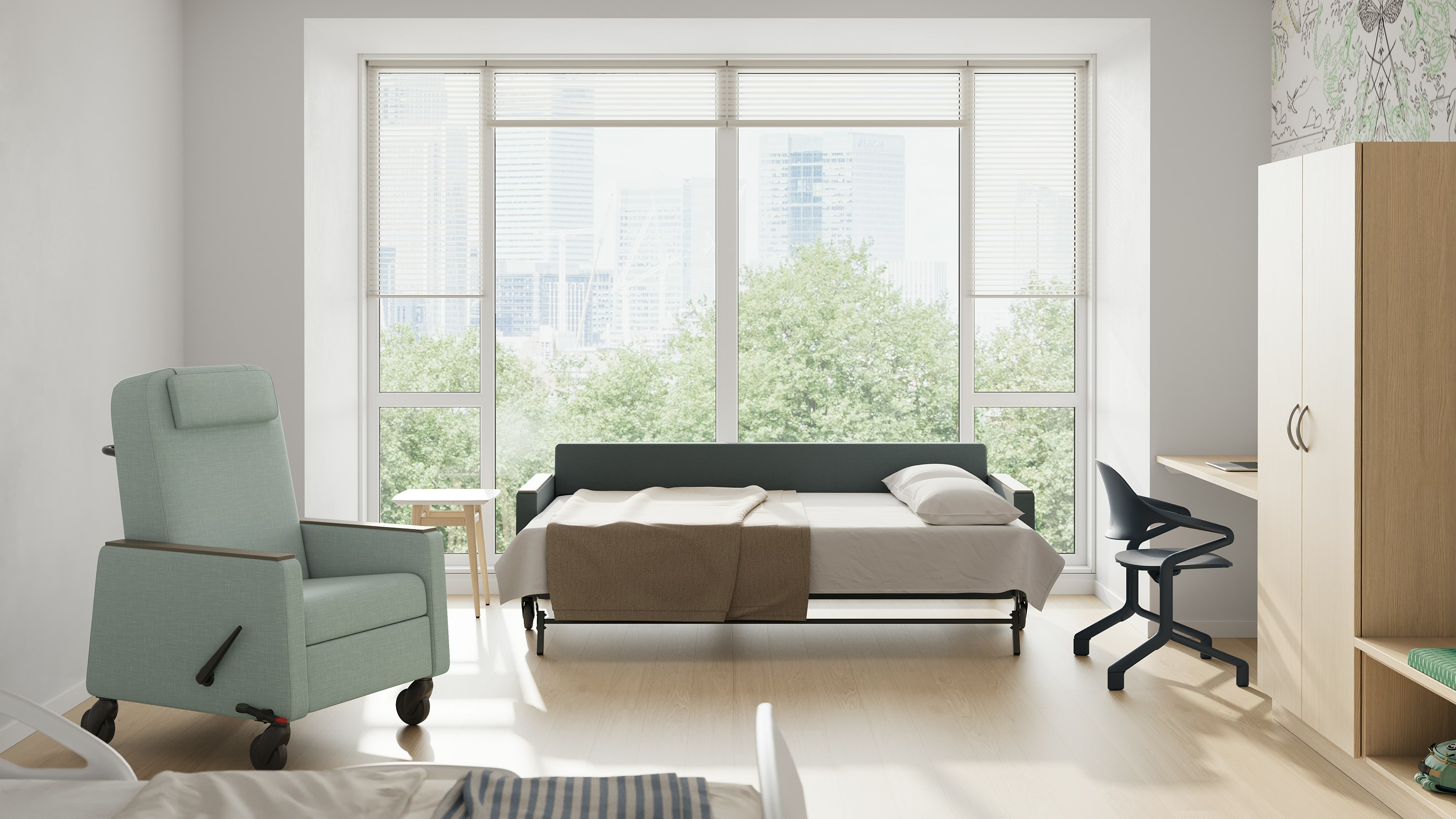 Gemma Recliner and Gemma Double Sleep Sofa in open position in a patient room.