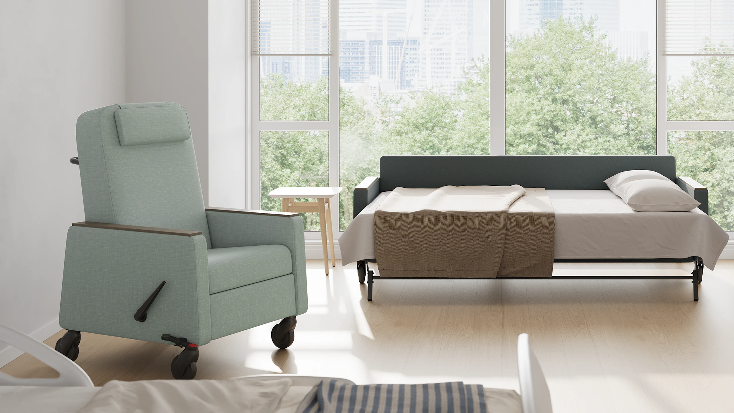 Gemma Recliner and Gemma Double Sleep Sofa in open position in a patient room.