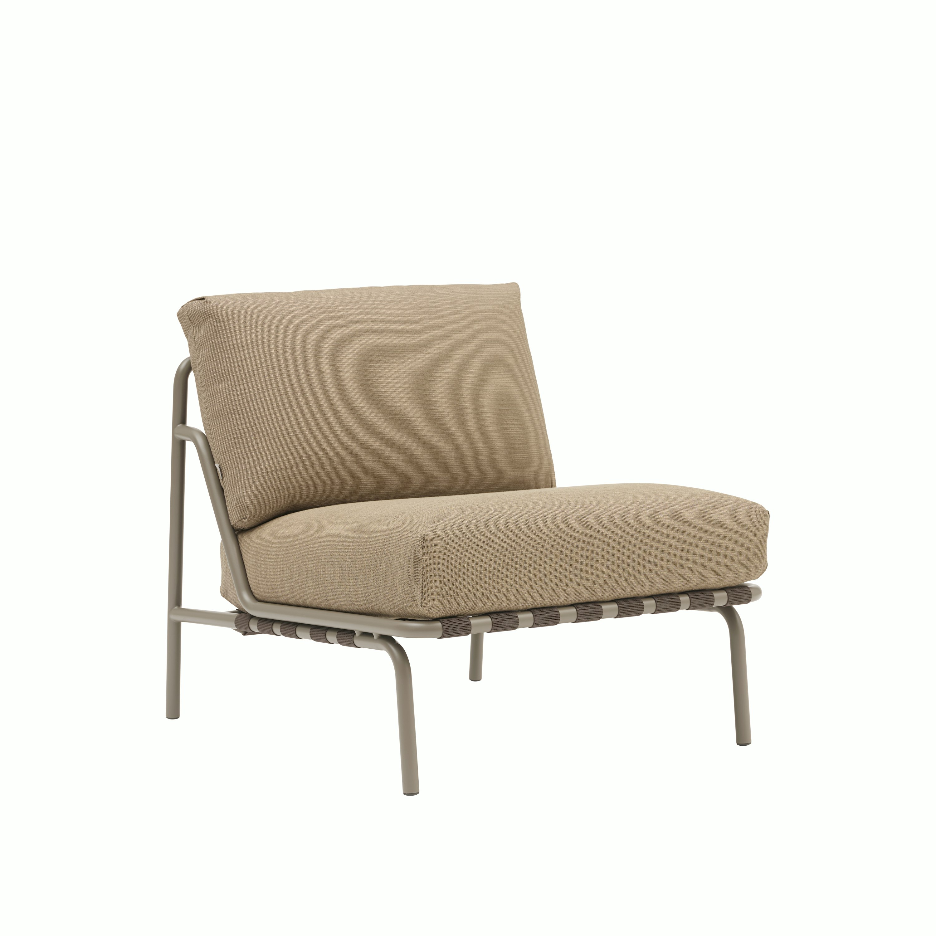 A Settle Lounge Chair in Ribbed Weave 5, Taupe viewed from an angle.