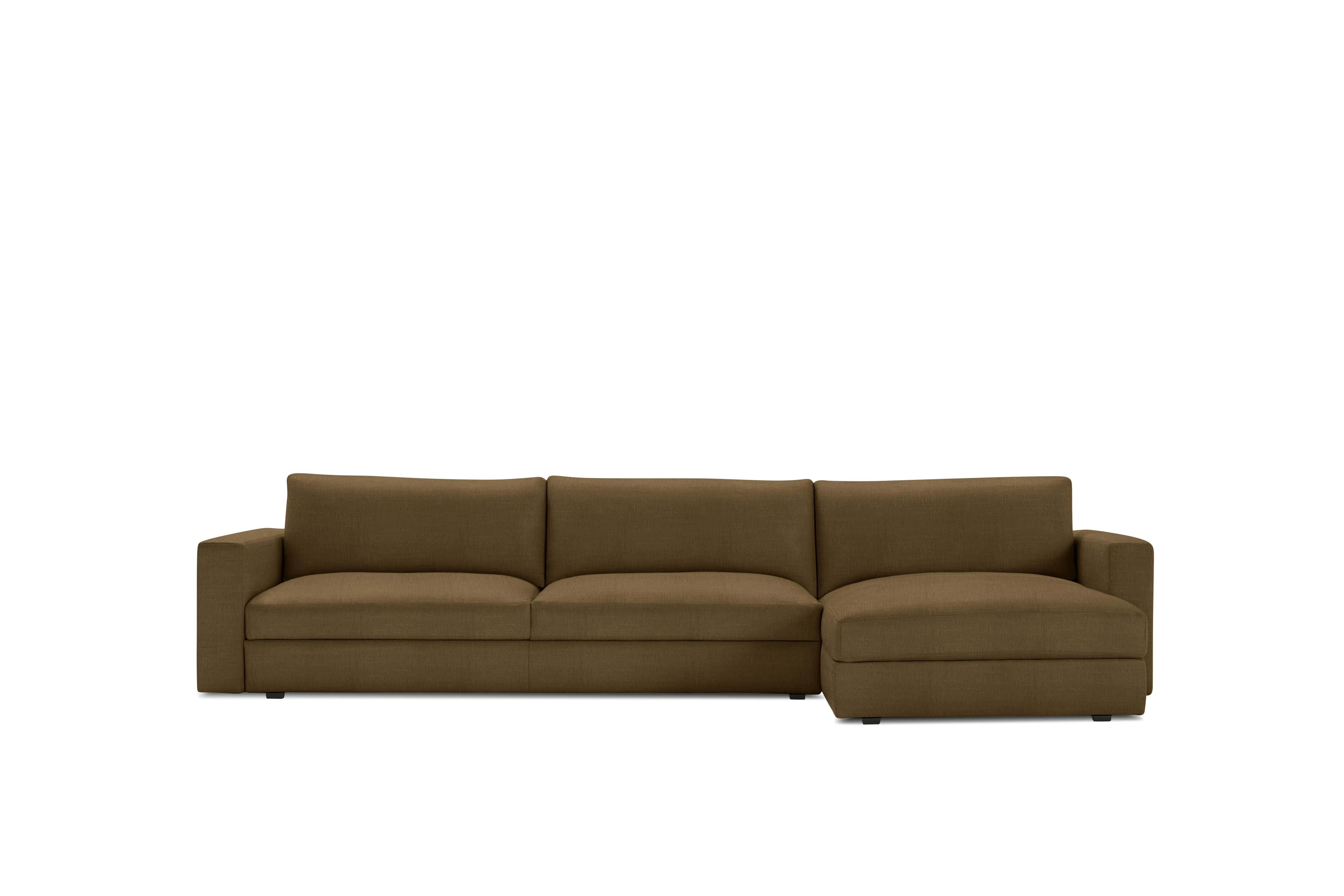 A Reid Sleeper Storage Sectional in Crypton Robusta Walnut viewed from the front.