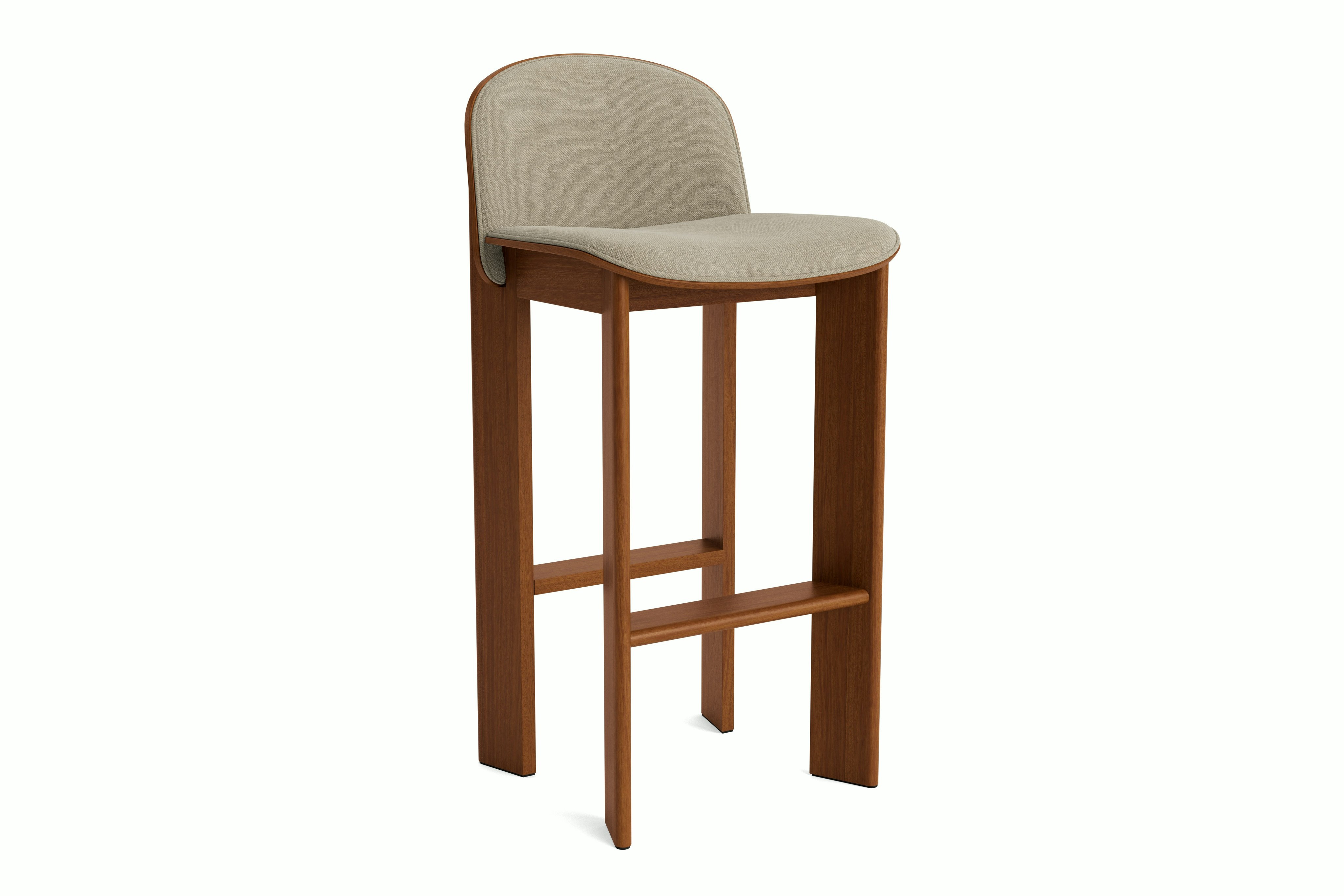 Chisel bar stool in walnut with front upholstery, angled view