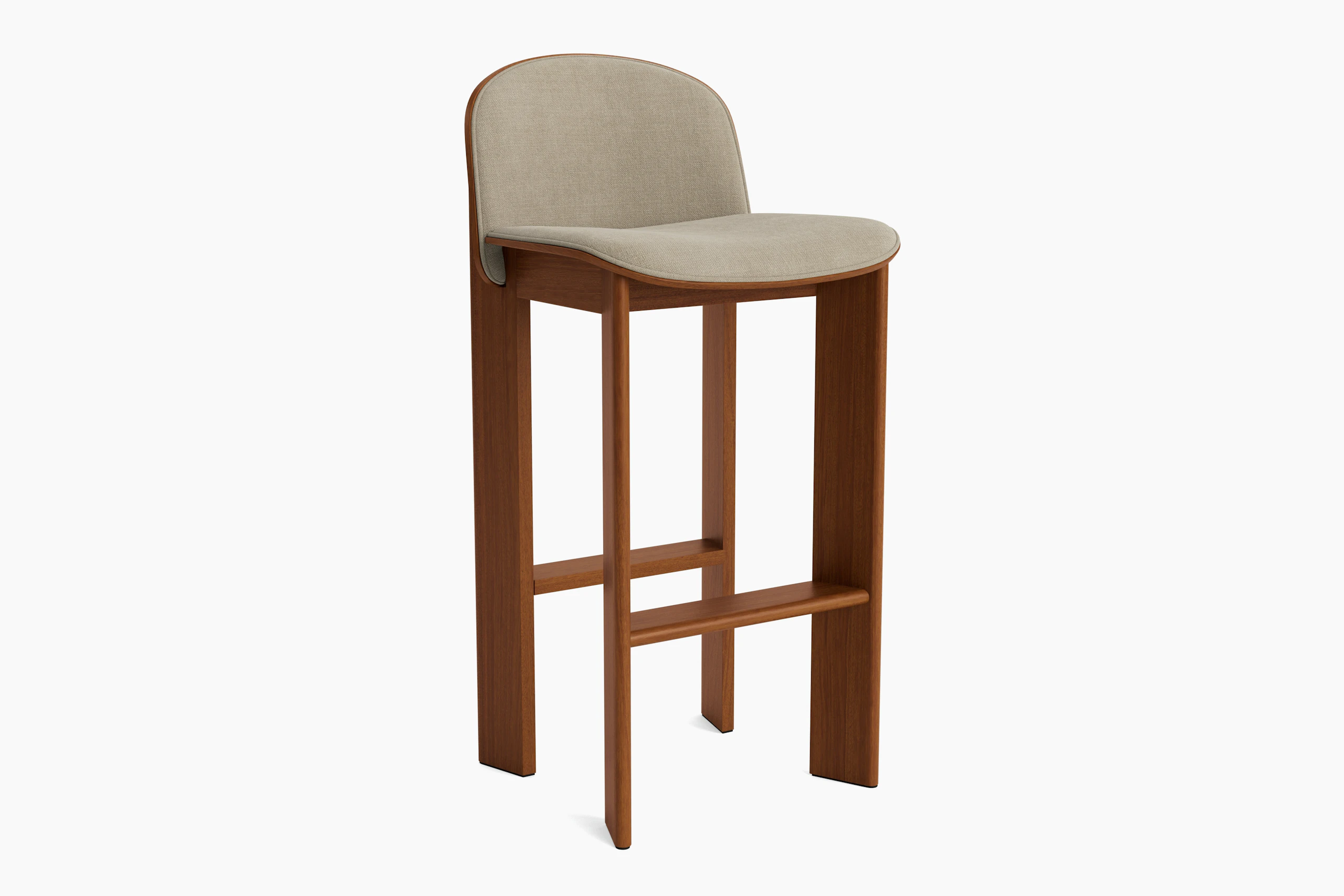 Chisel bar stool in walnut with front upholstery, angled view