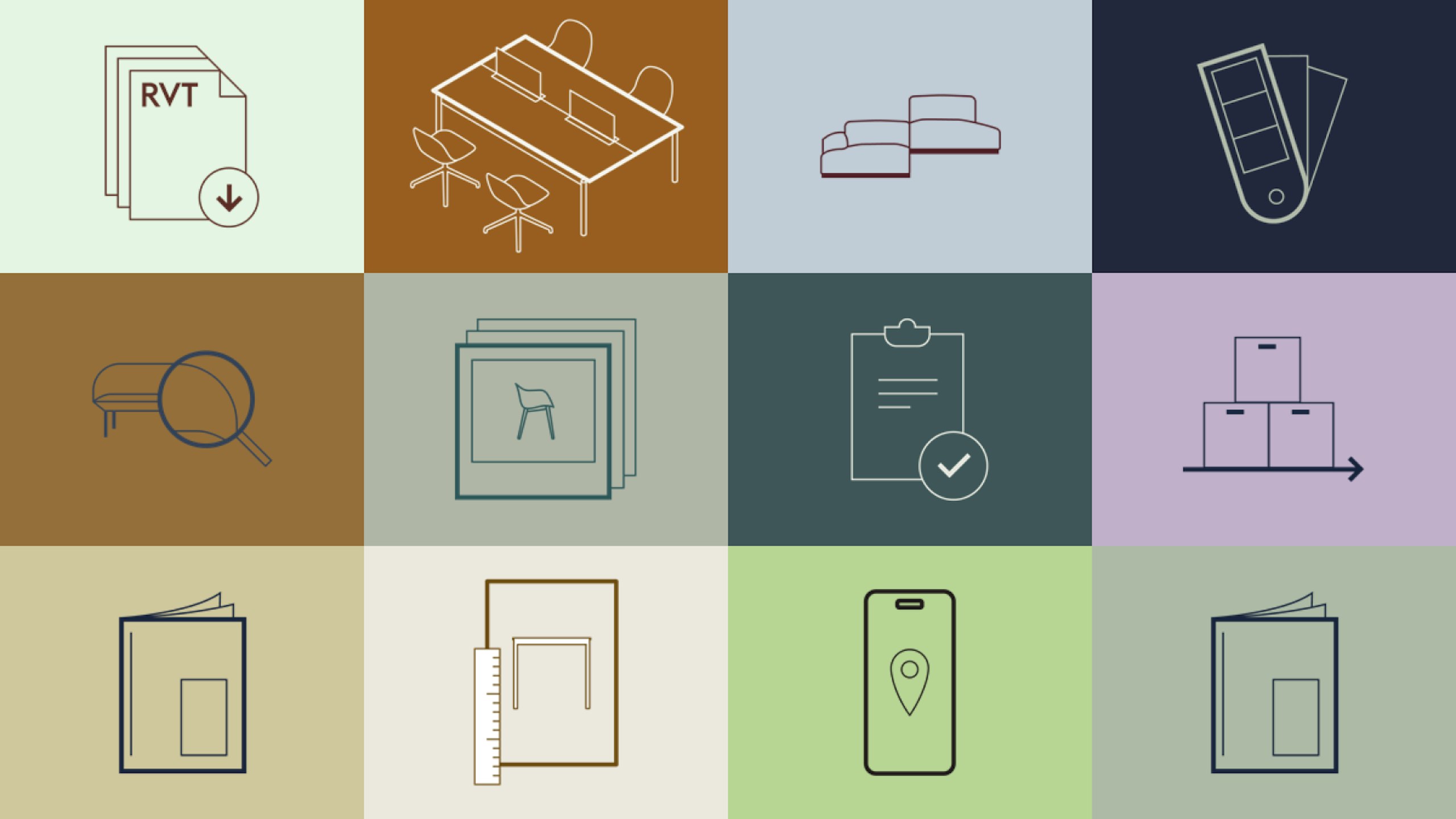 A multicolor illustration of symbols including download files, CAD drawings, swatches, and other resources from the Muuto Professionals Toolbox