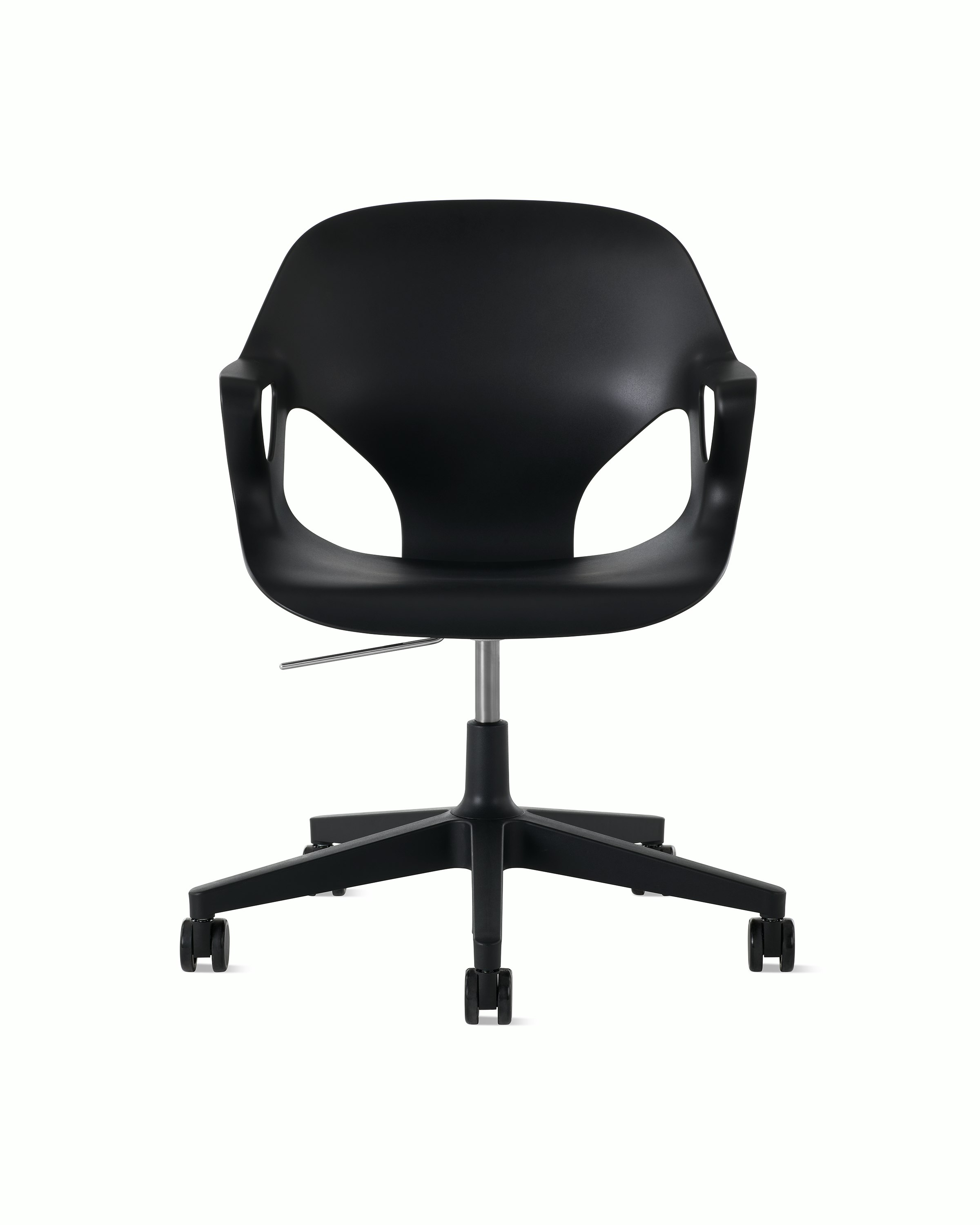 Front view of a Zeph chair with fixed arms in black.