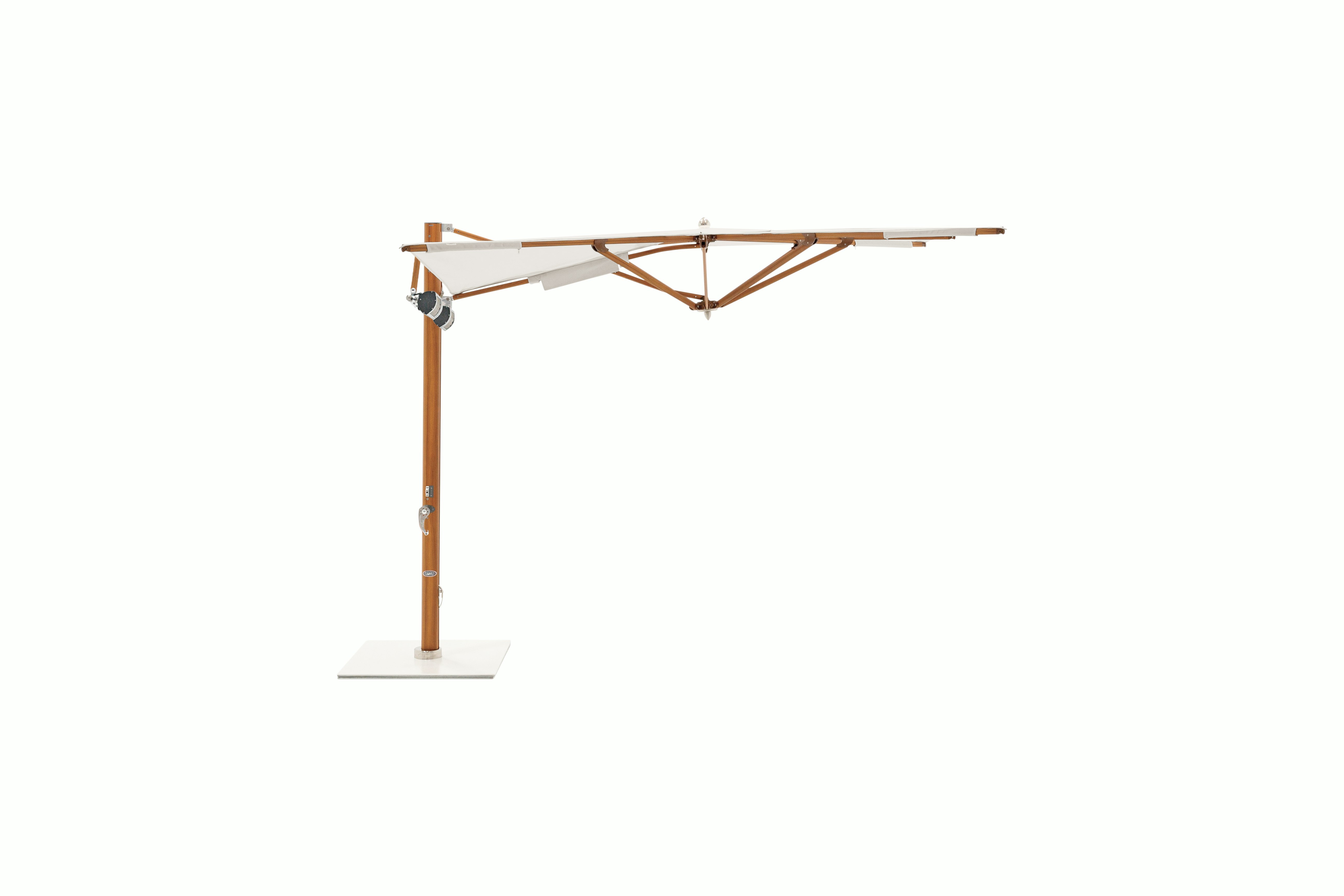 A Tuuci Ocean Master Max Low-Profile Cantilever Umbrella w/Heating & Lighting in Scallop White Low viewed from the front.
