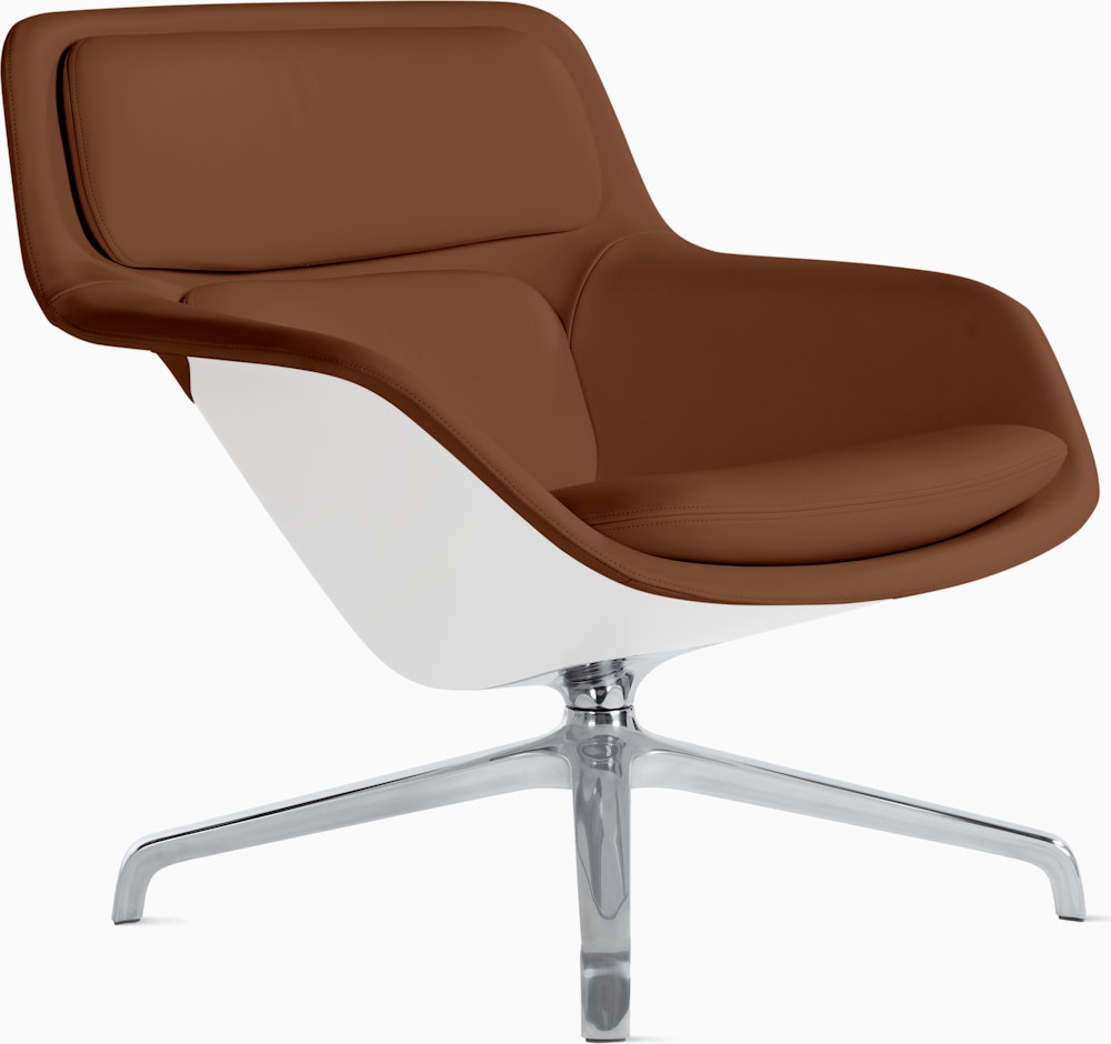 Striad Lounge Chair in Low Back,  4-Star Swivel Base Polished Alumium,  Prone Leather,  Ledge with White Shell