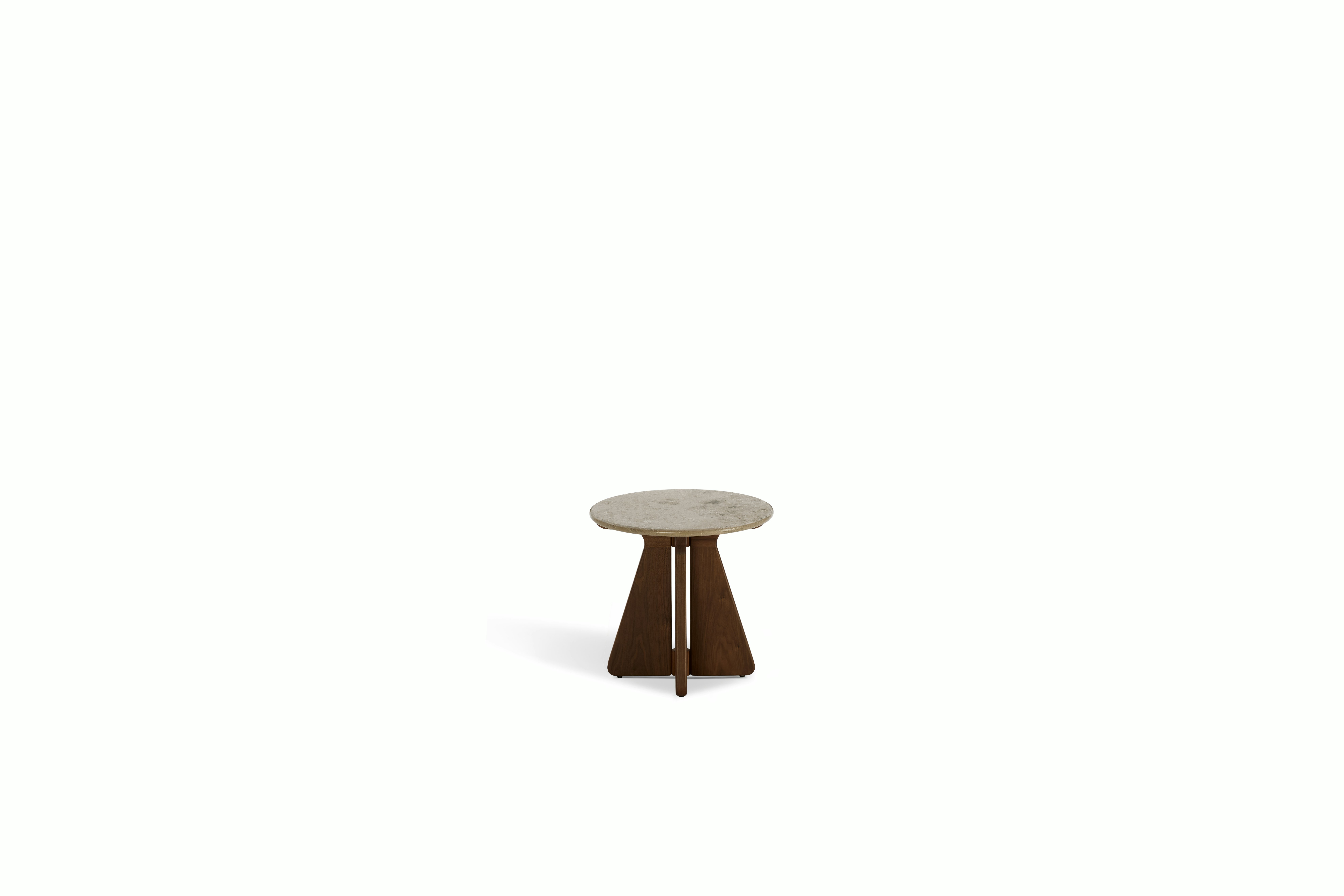 A Pinna Side Table in Jura Blau Walnut viewed from above.