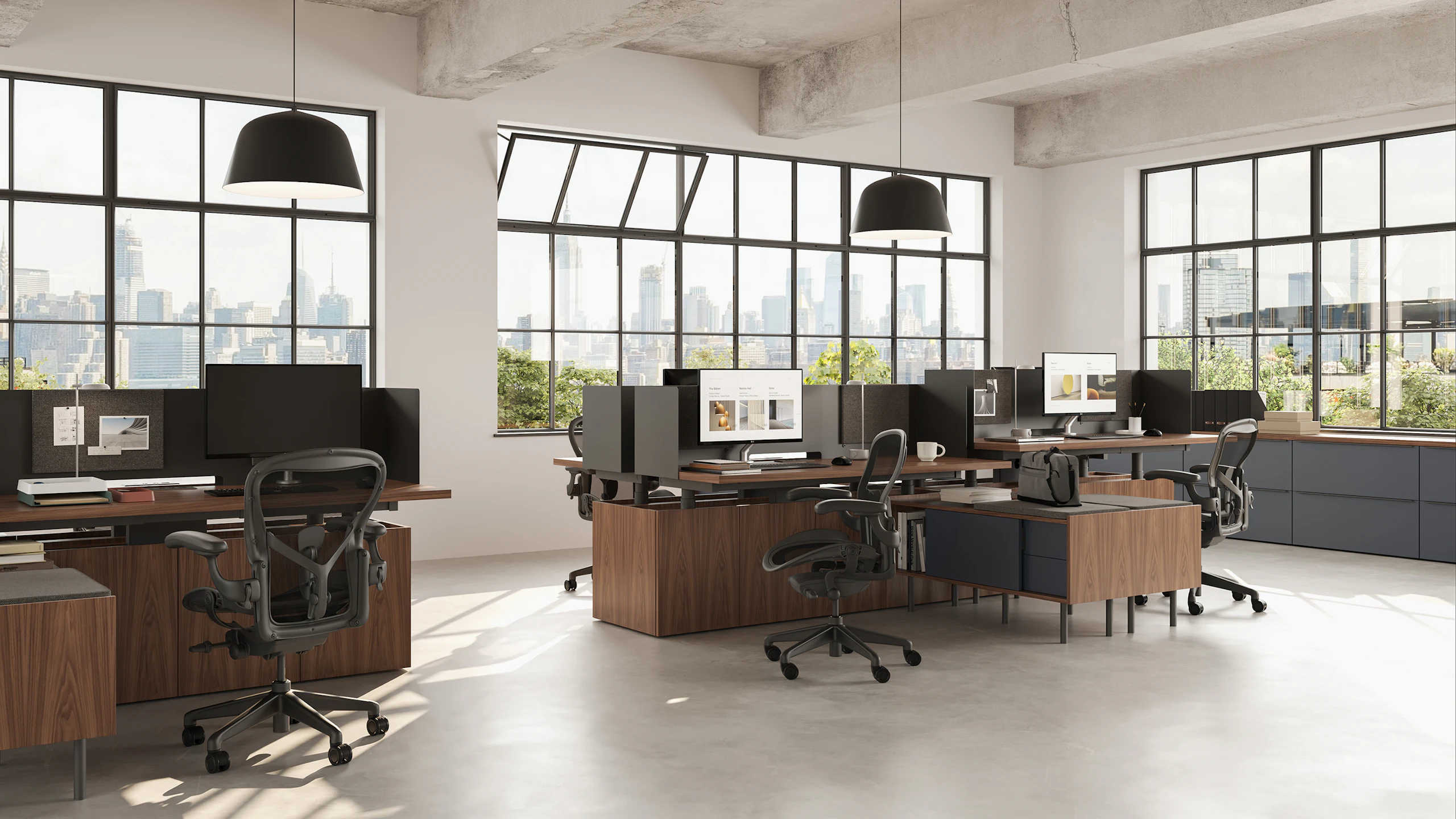 Geiger One Open Plan Workstations, Rendering OP3, in Natural Walnut with Aeron Chairs