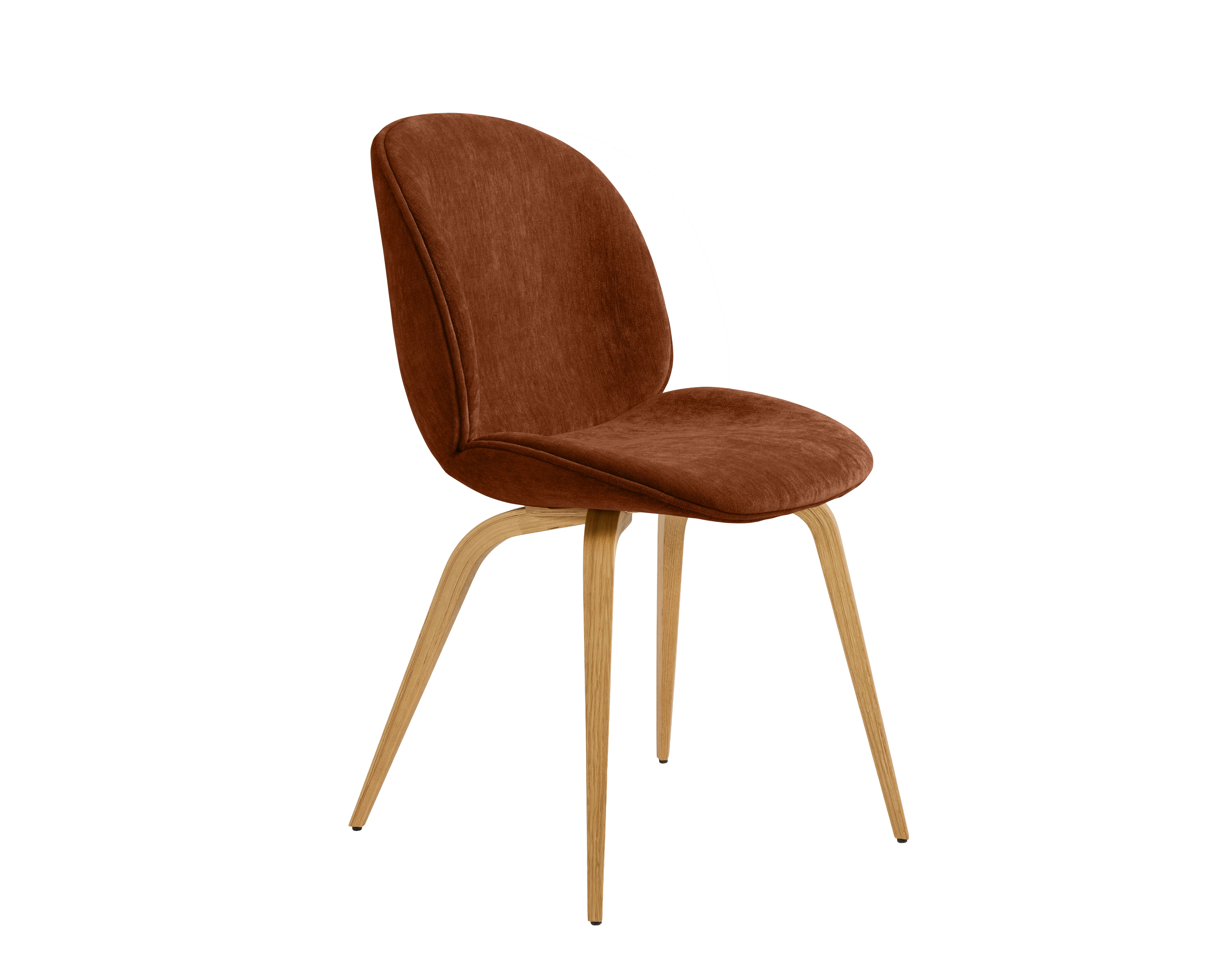 A Beetle Side Chair in rust, oak viewed from an angle.