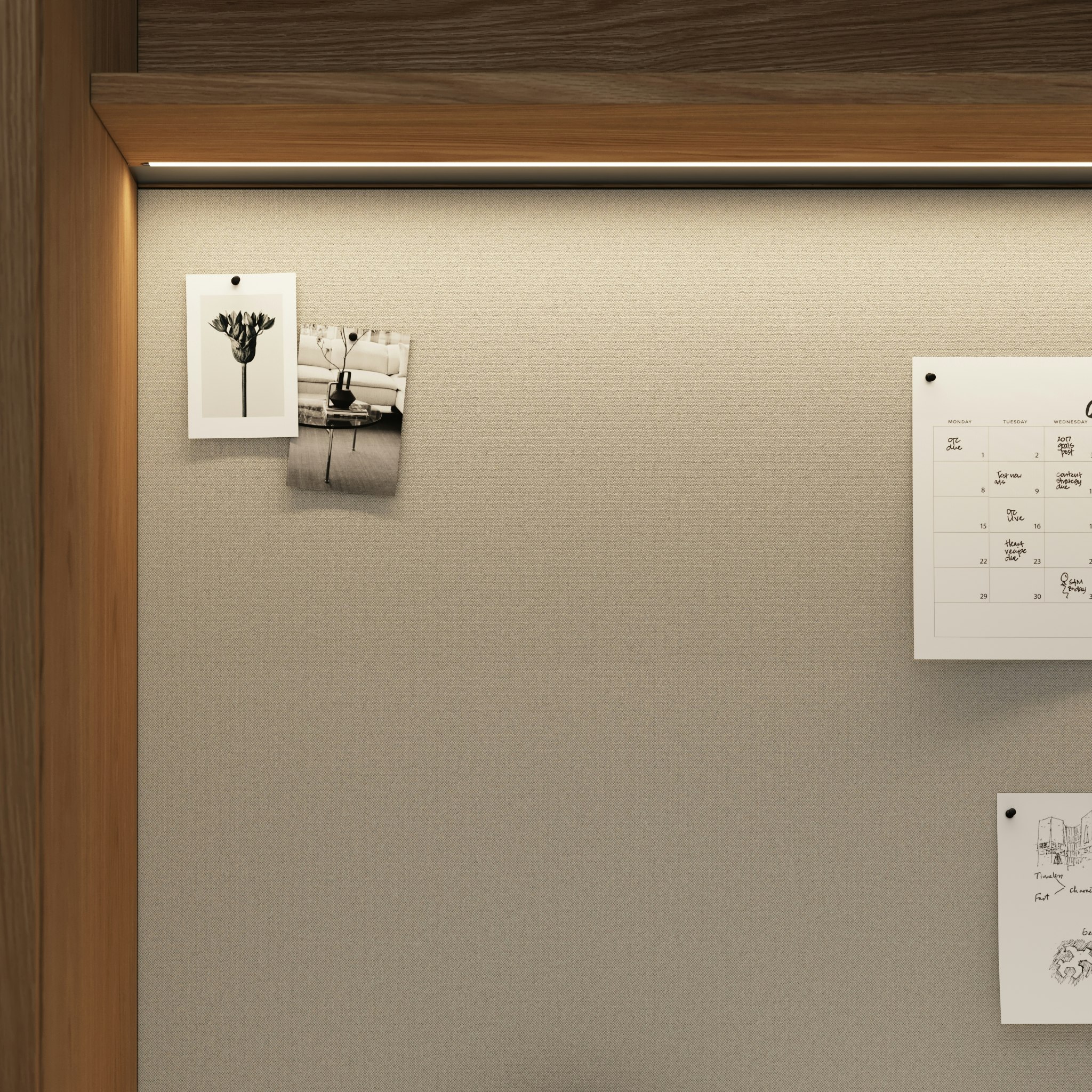 Detail shot of a Geiger One Private Office in Natural Flat Cut Oak with an overhead LED light and tack-board with a calendar and pictures pinned to it.