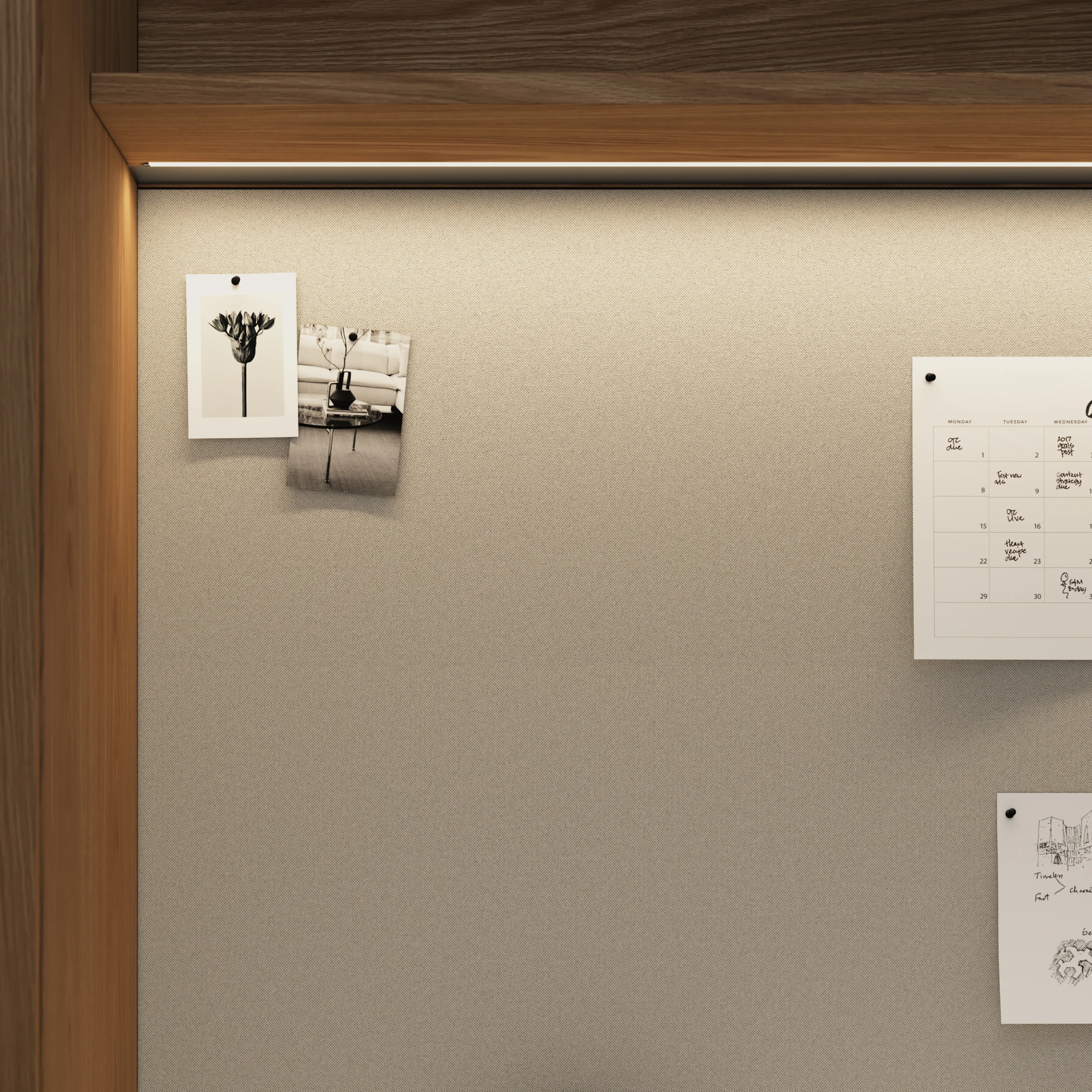 Detail shot of a Geiger One Private Office in Natural Flat Cut Oak with an overhead LED light and tack-board with a calendar and pictures pinned to it.