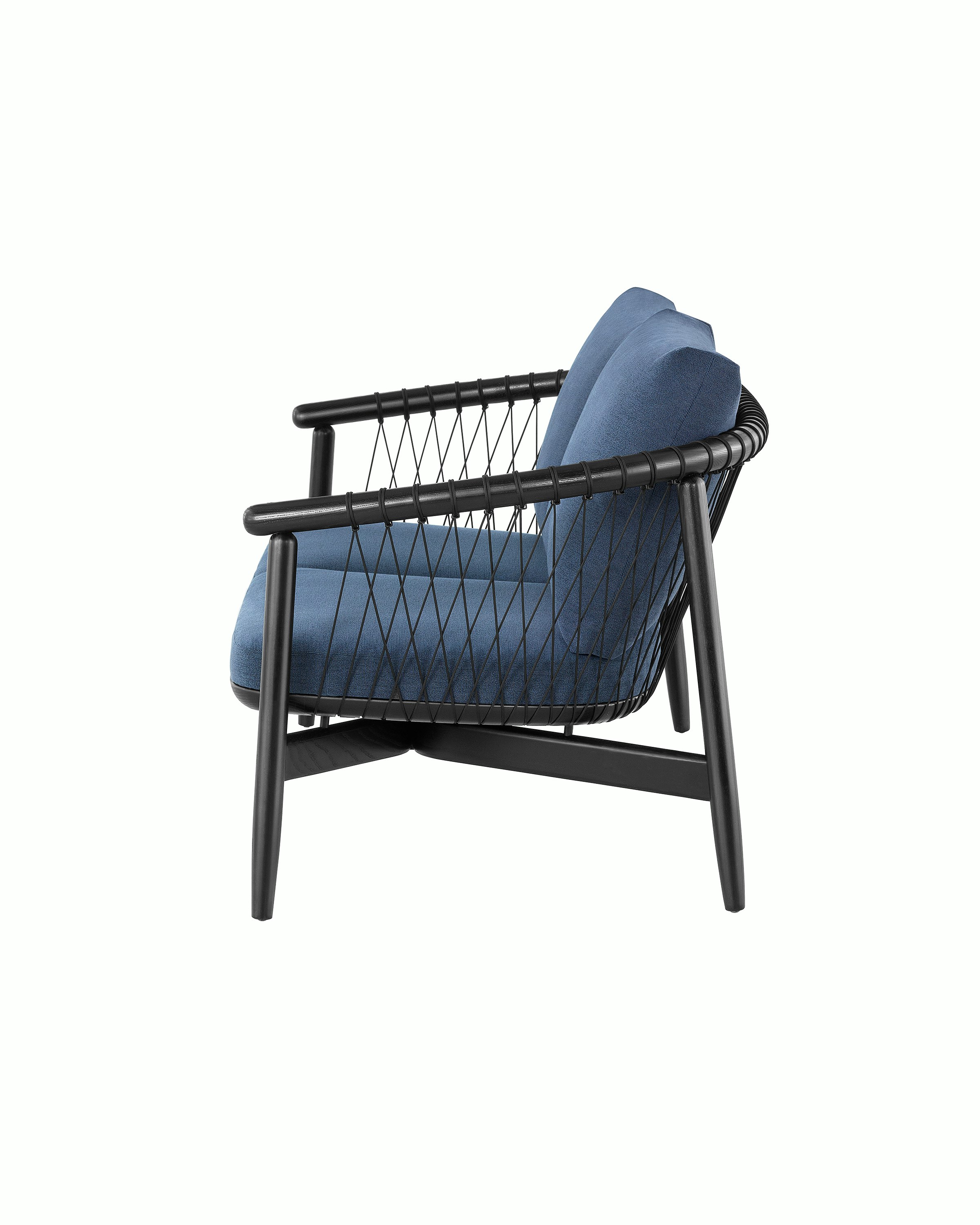 A dark colored Crosshatch Settee featuring navy upholstery and an ebony on ash frame. Viewed from the side.