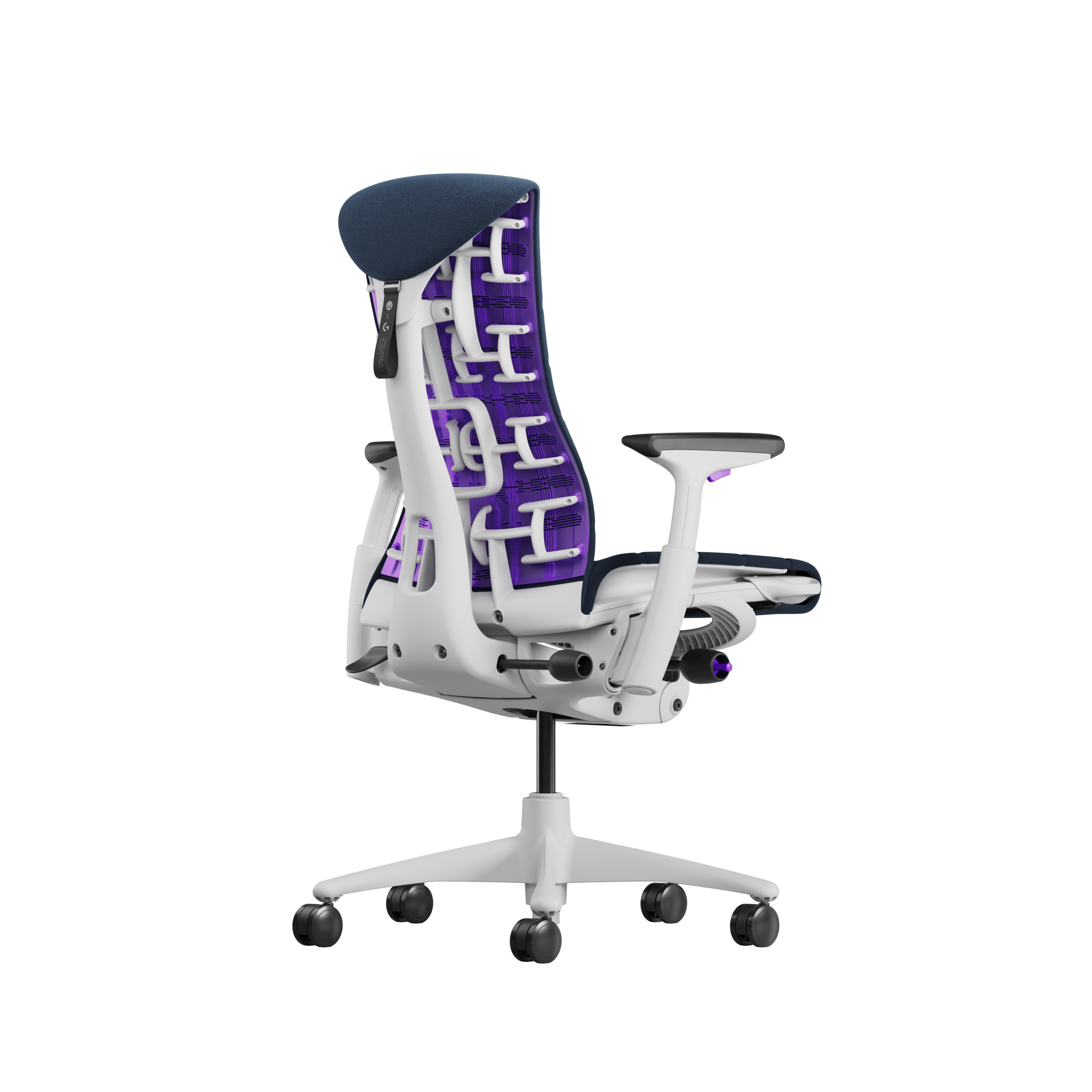 Embody Gaming Chair in White, Nightfall and Nova viewed from the back angle