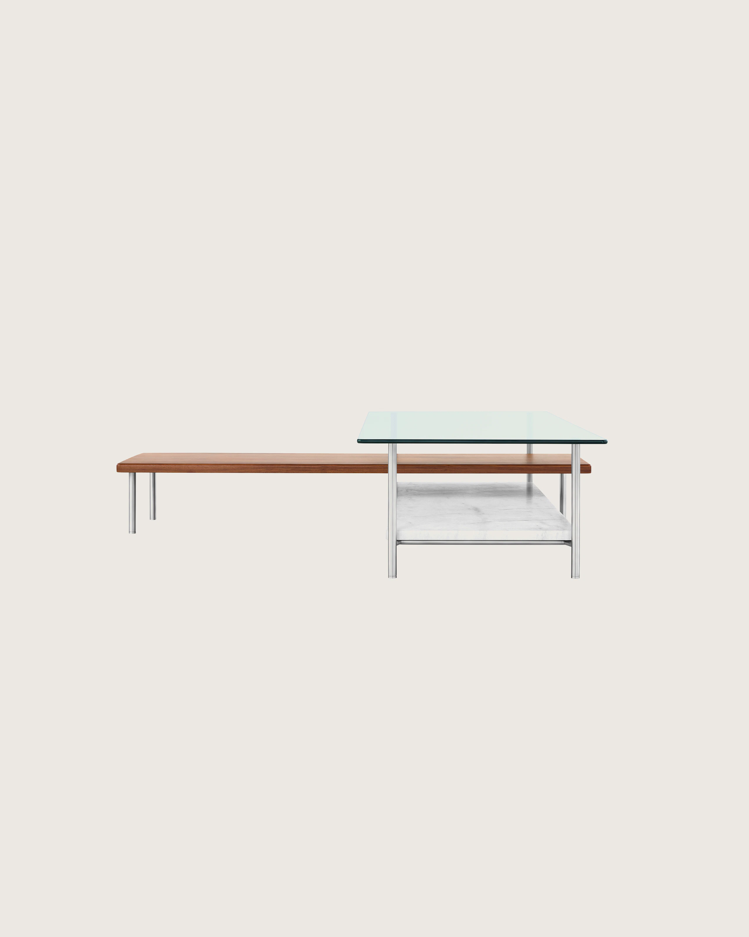 An L-shaped Layer coffee table with a glass top, white marble lower shelf, and intersecting wood shelf.