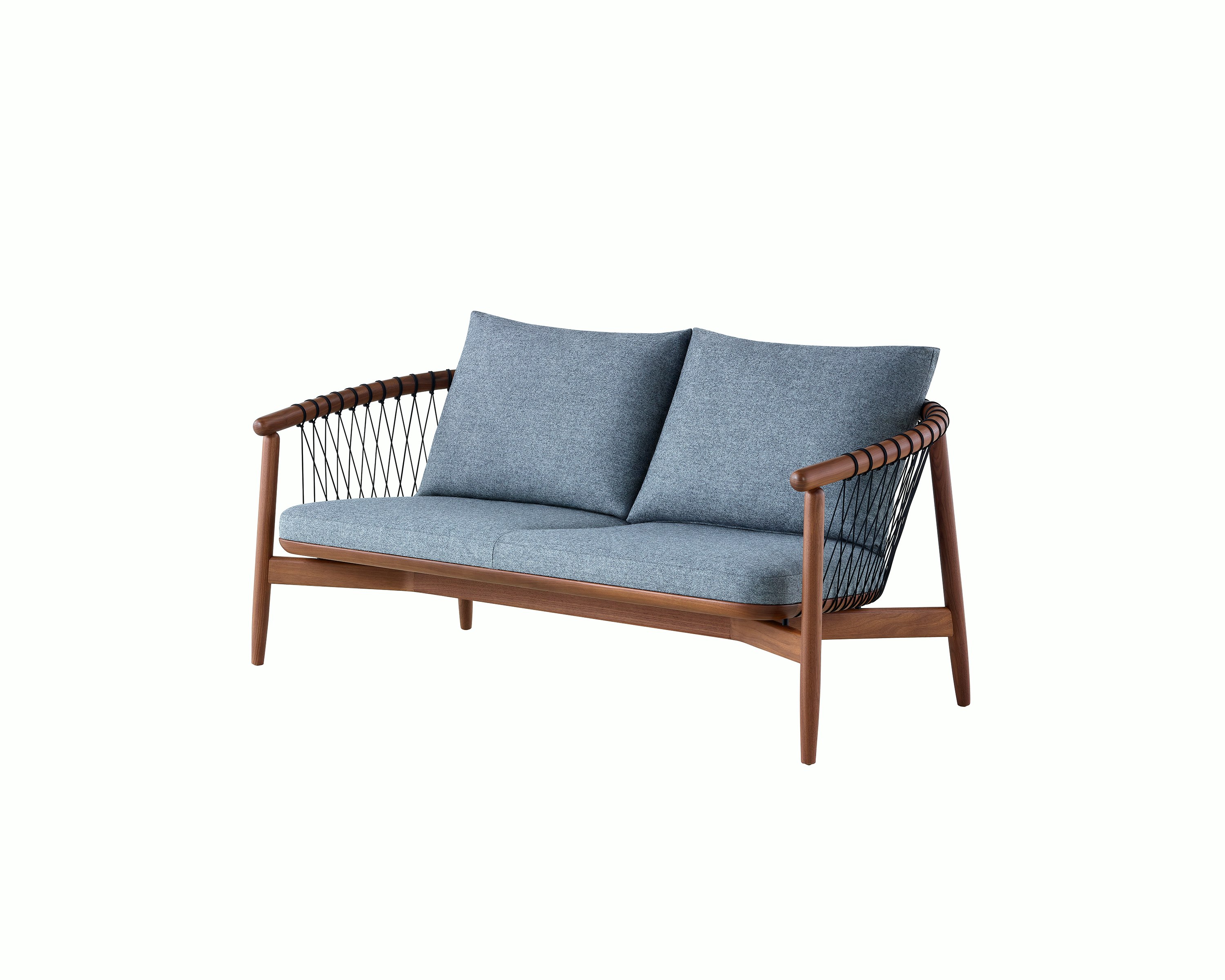 A dark colored Crosshatch Settee featuring gray upholstery and a walnut frame. Viewed at an angle.