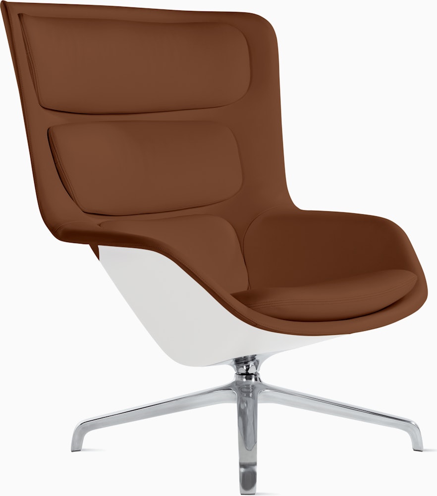 Striad Lounge Chair in High Back,  4-Star Swivel Base Polished Alumium,  Prone Leather,  Ledge with White Shell