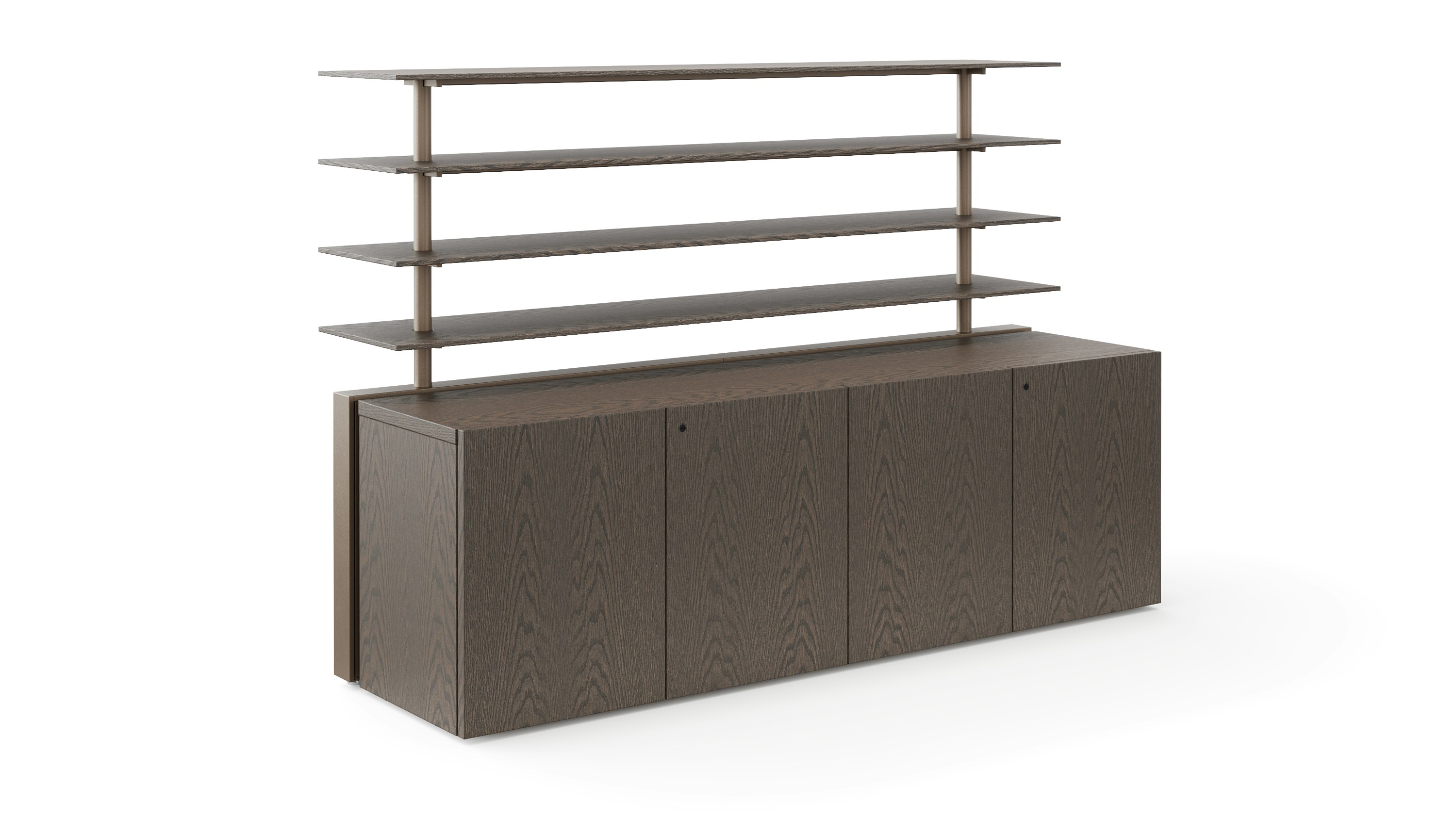 A credenza with closed doors is covered in a dark veneer and has open shelving attached to the top of the credenza.